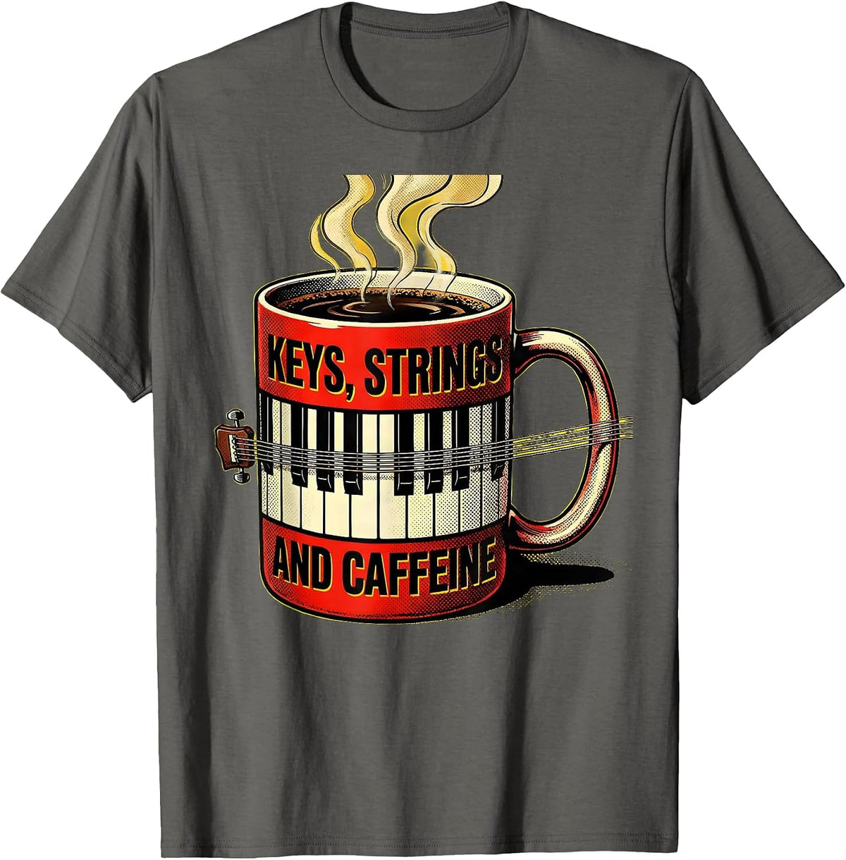 Men's Keys, Strings, and Caffeine Music Teacher Design T-Shirt - Asphalt Grey