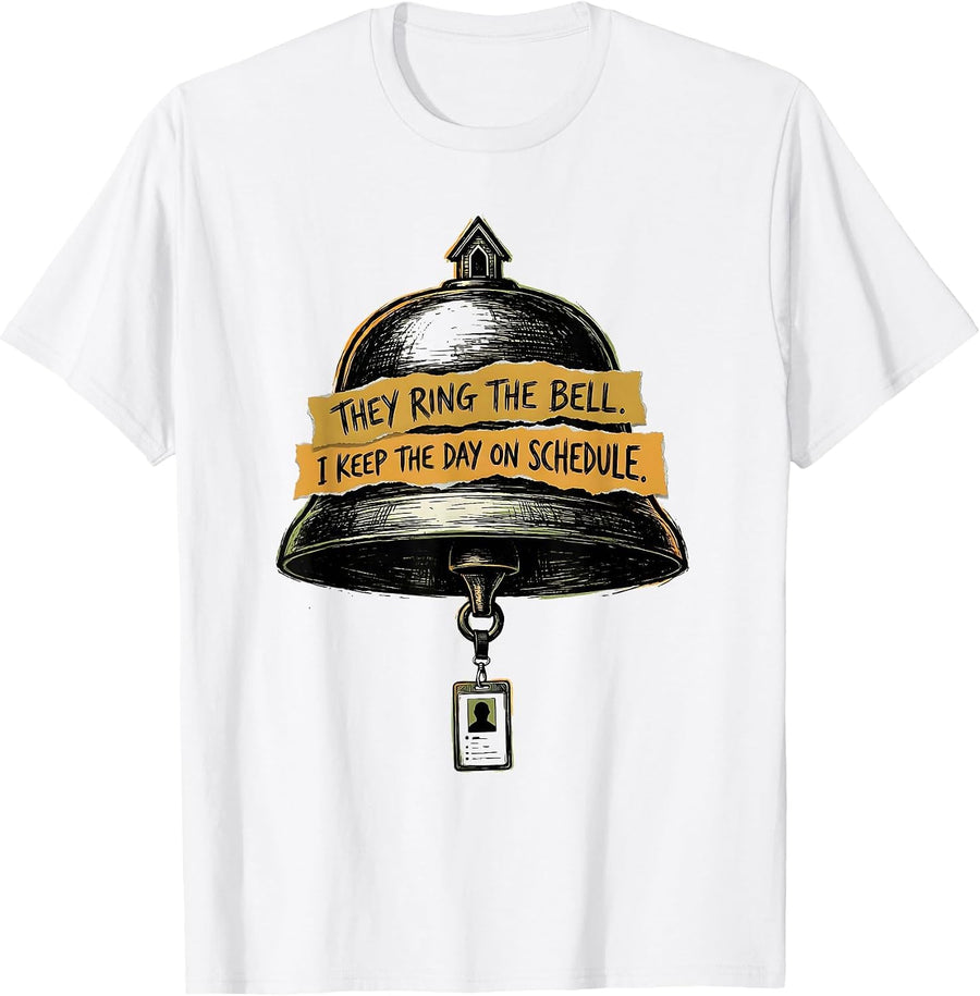 Men's They Ring The Bell. I Keep The Day On Schedule. School Staff T-Shirt - White