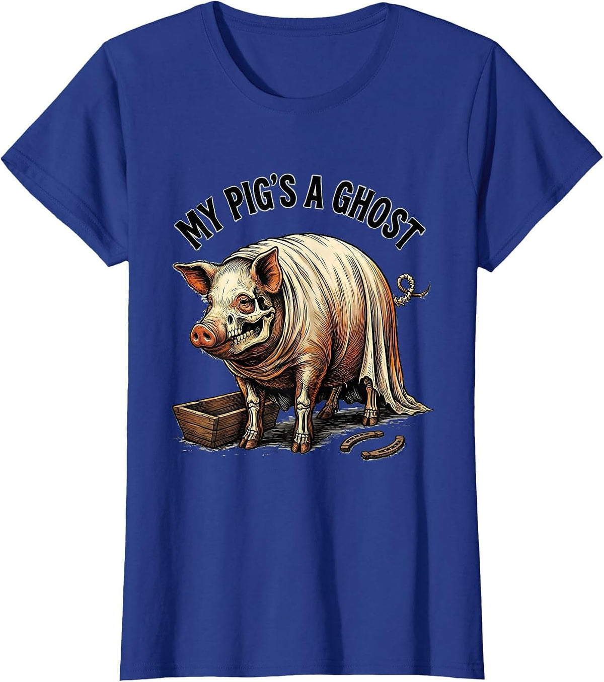 Women's My Pig's a Ghost Western Cowboy Skeleton Halloween Humor T-Shirt - Royal Blue