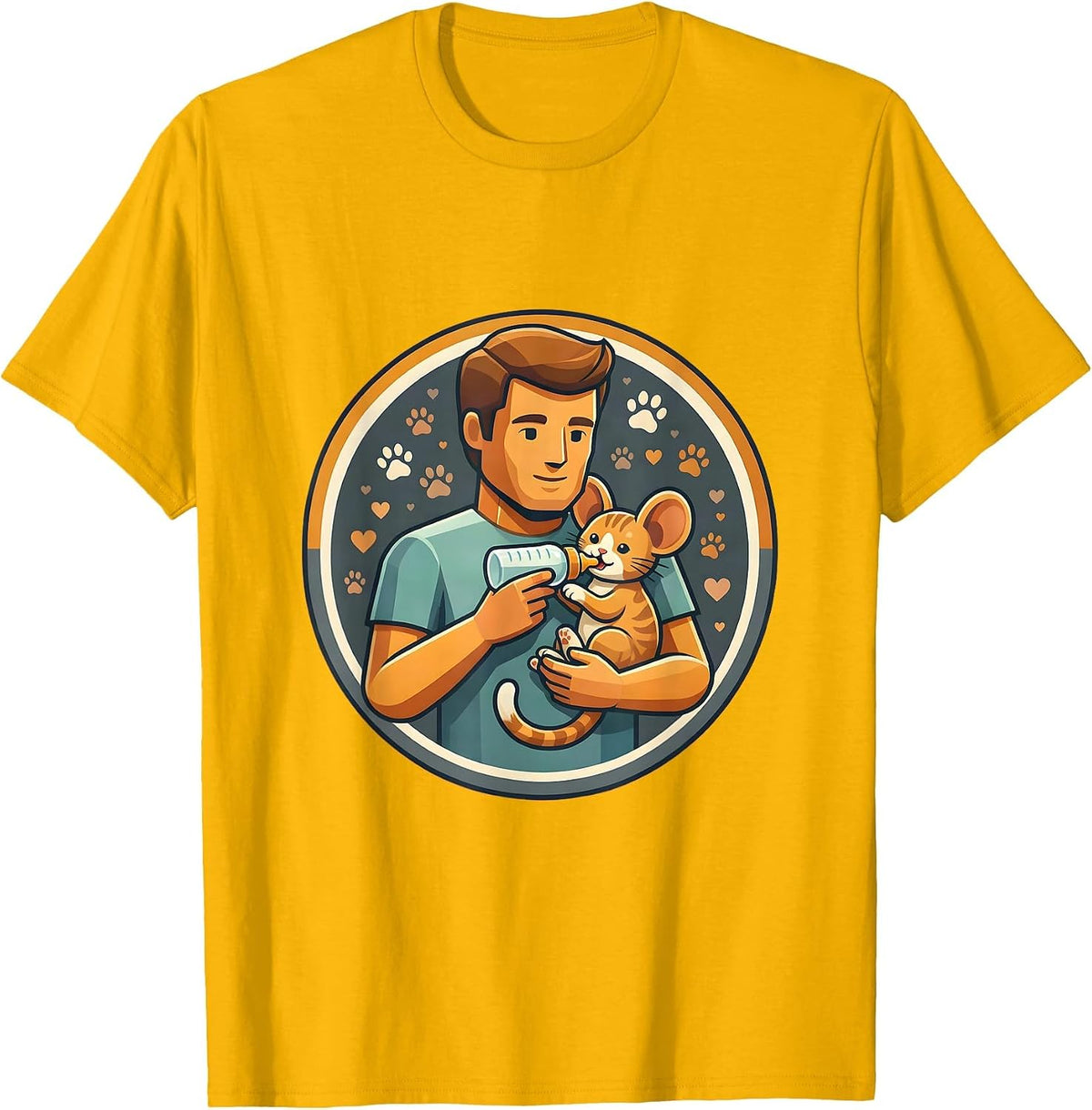 Cat Dad Bottle Feeding Kitten Graphic Tee T-Shirt - Golden Yellow