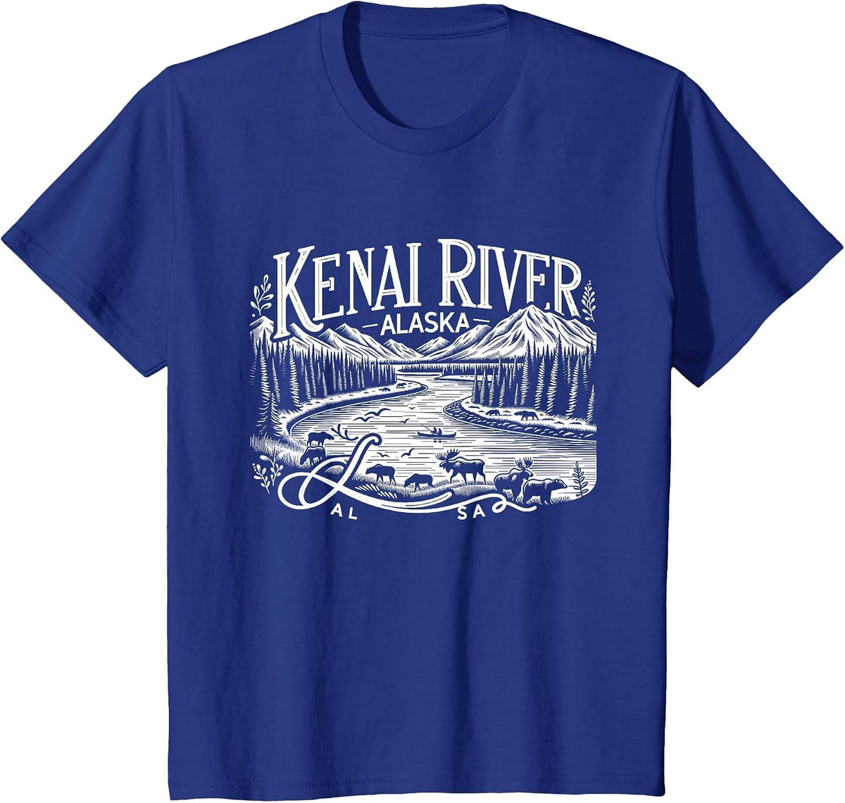 Kenai River Alaska AK Salmon Fishing Camping Hiking Retro T-Shirt - Royal Blue