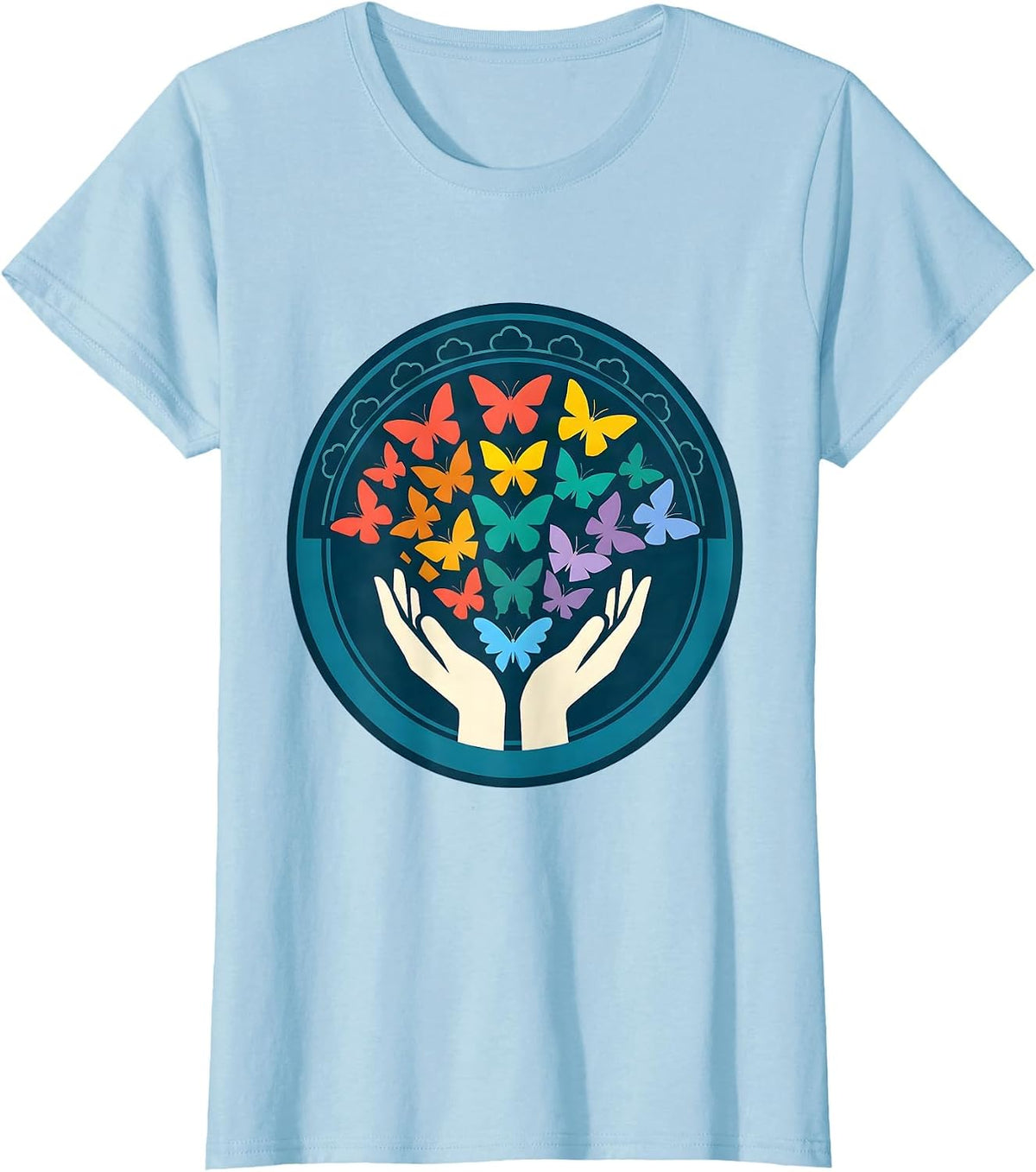Women's Rainbow Butterfly Release LGBTQ Pride Graphic T-Shirt - Baby Blue
