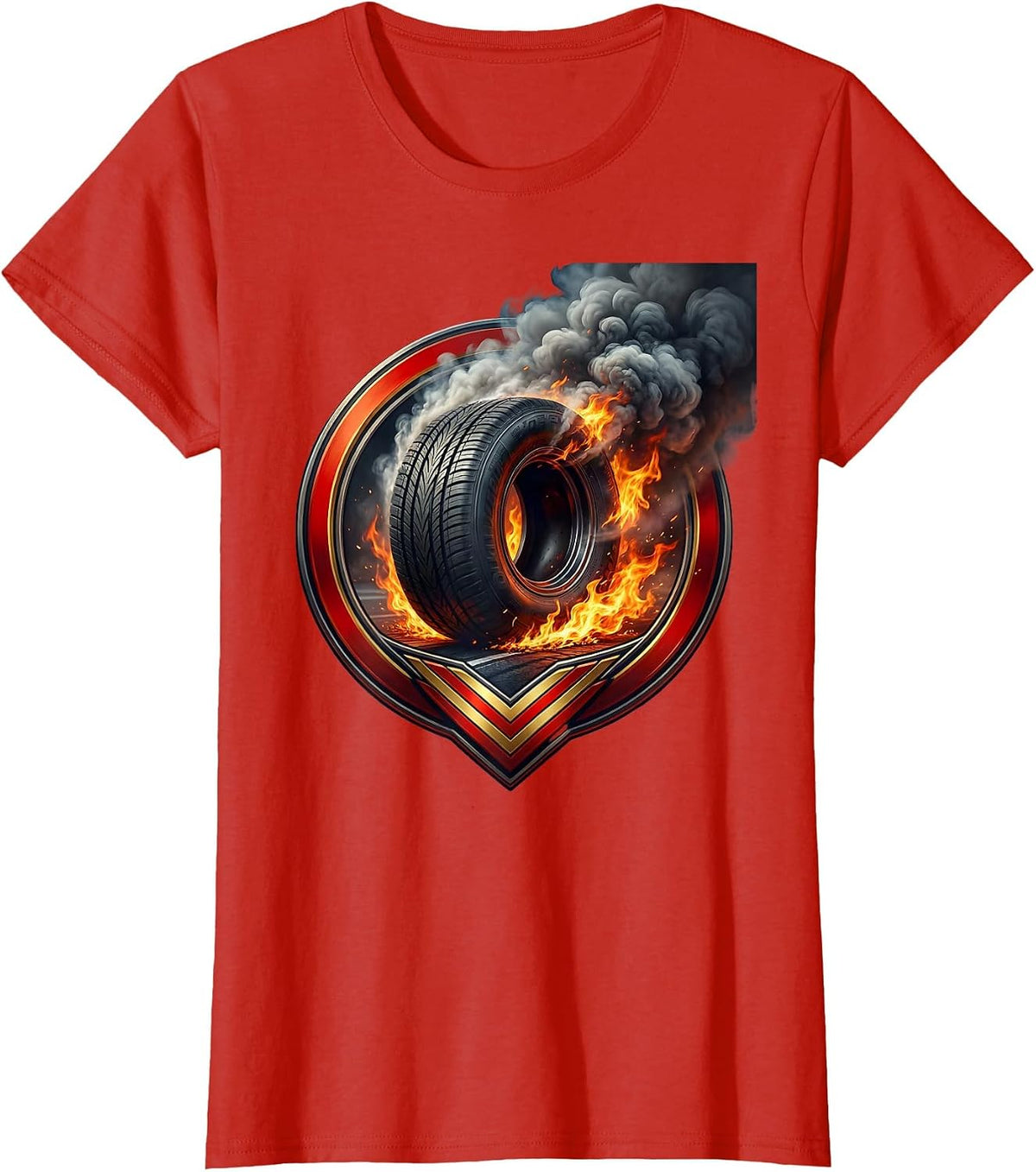 Women's Race Tire Burning Rubber Fire Trail Graphic T-Shirt - Red