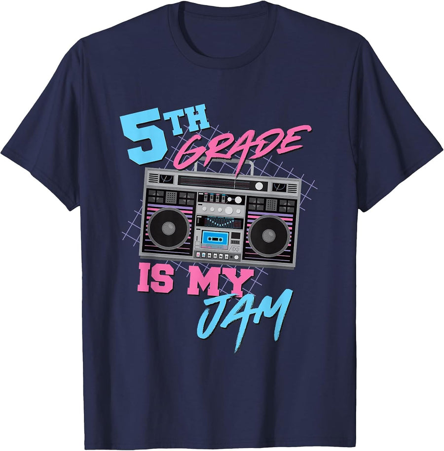 5th Grade is My Jam - Vintage 80s Boombox Teacher Student T-Shirt - Navy Blue