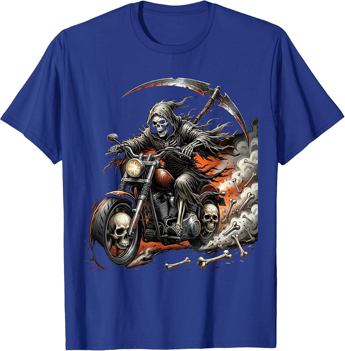 Grim Reaper Motorcycle Rider Halloween Graphic T-Shirt - Royal Blue