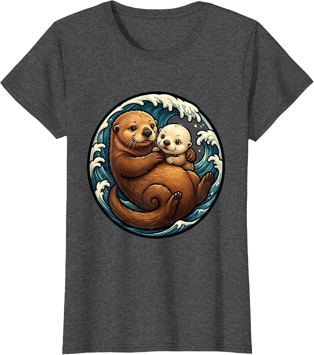 Women's Sea Otter Mom and Pup Embrace Graphic T-Shirt - Dark Heather Grey