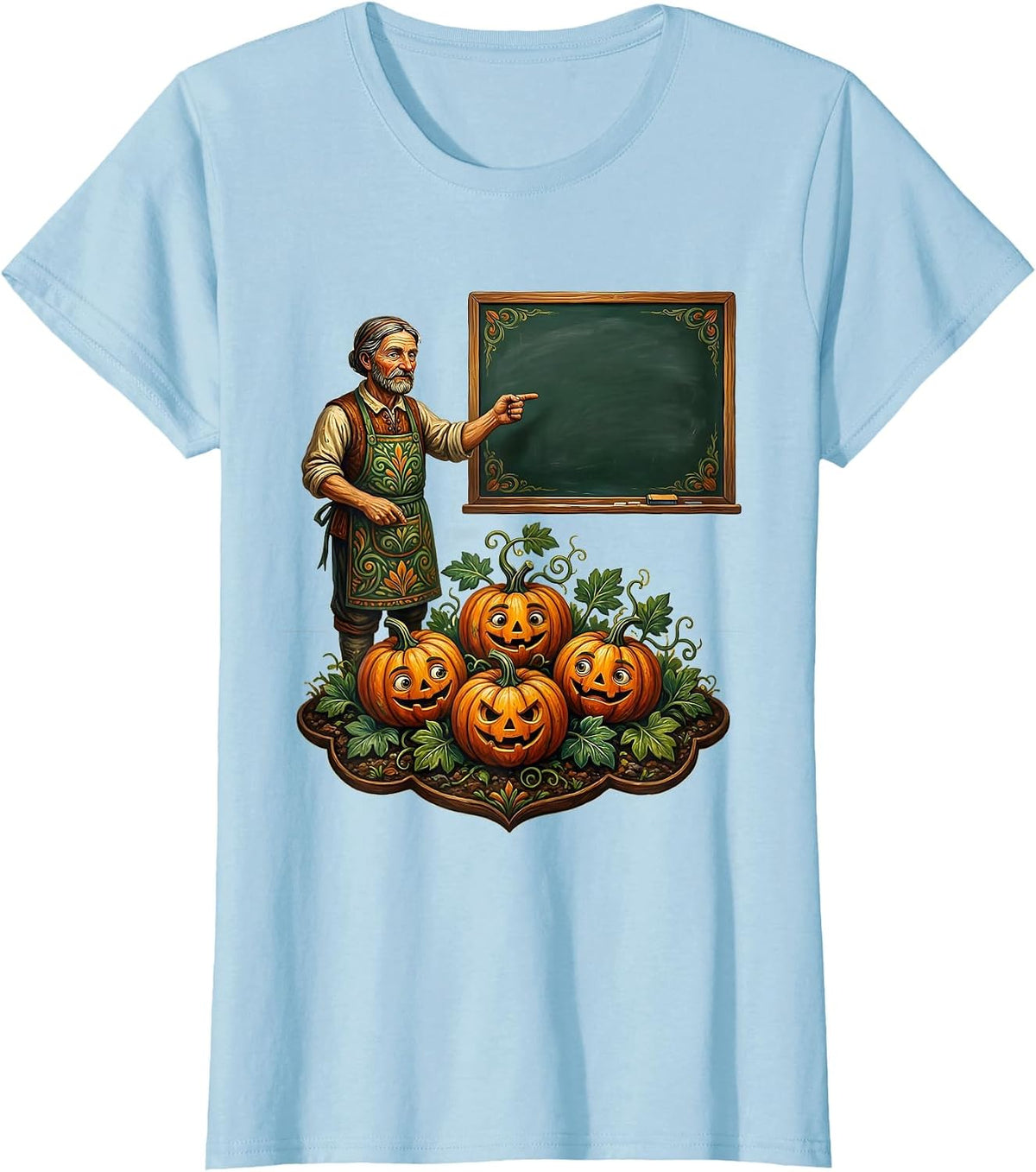 Teacher Pumpkin Folk Art Classroom Fall Pride T-Shirt - Baby Blue