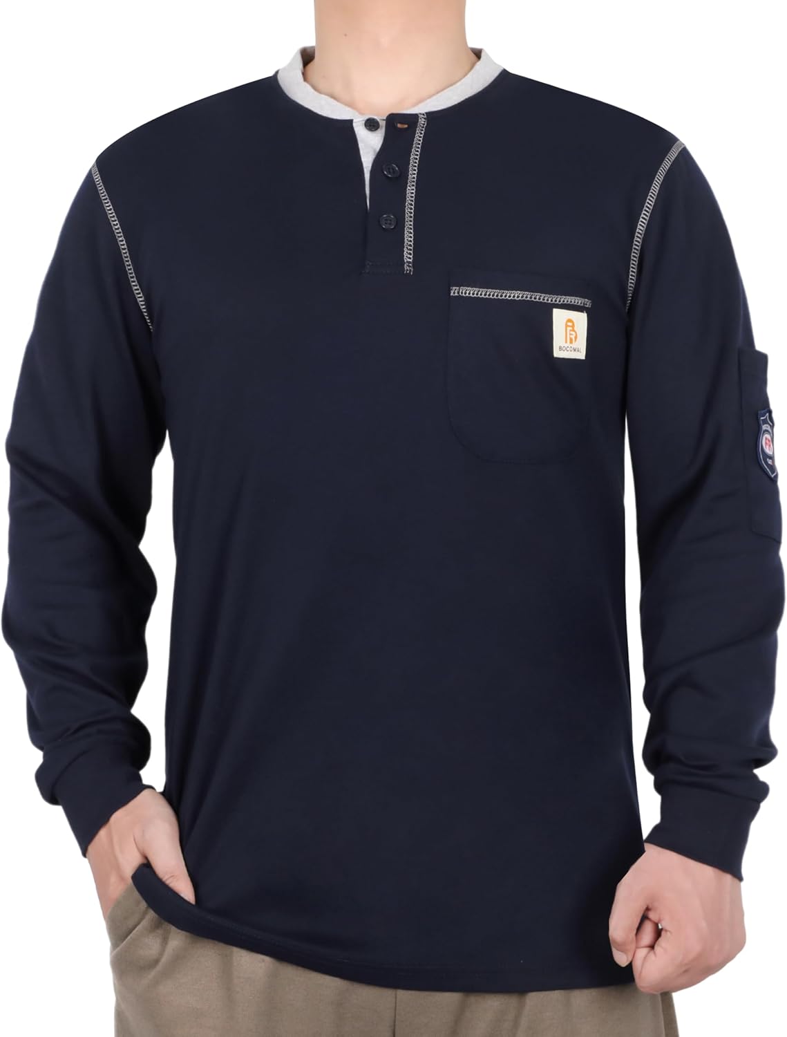 BOCOMAL FR Shirts for Men 5.5oz Long Sleeve Henley Contrast Stitches/Collar - Henley Navy-2