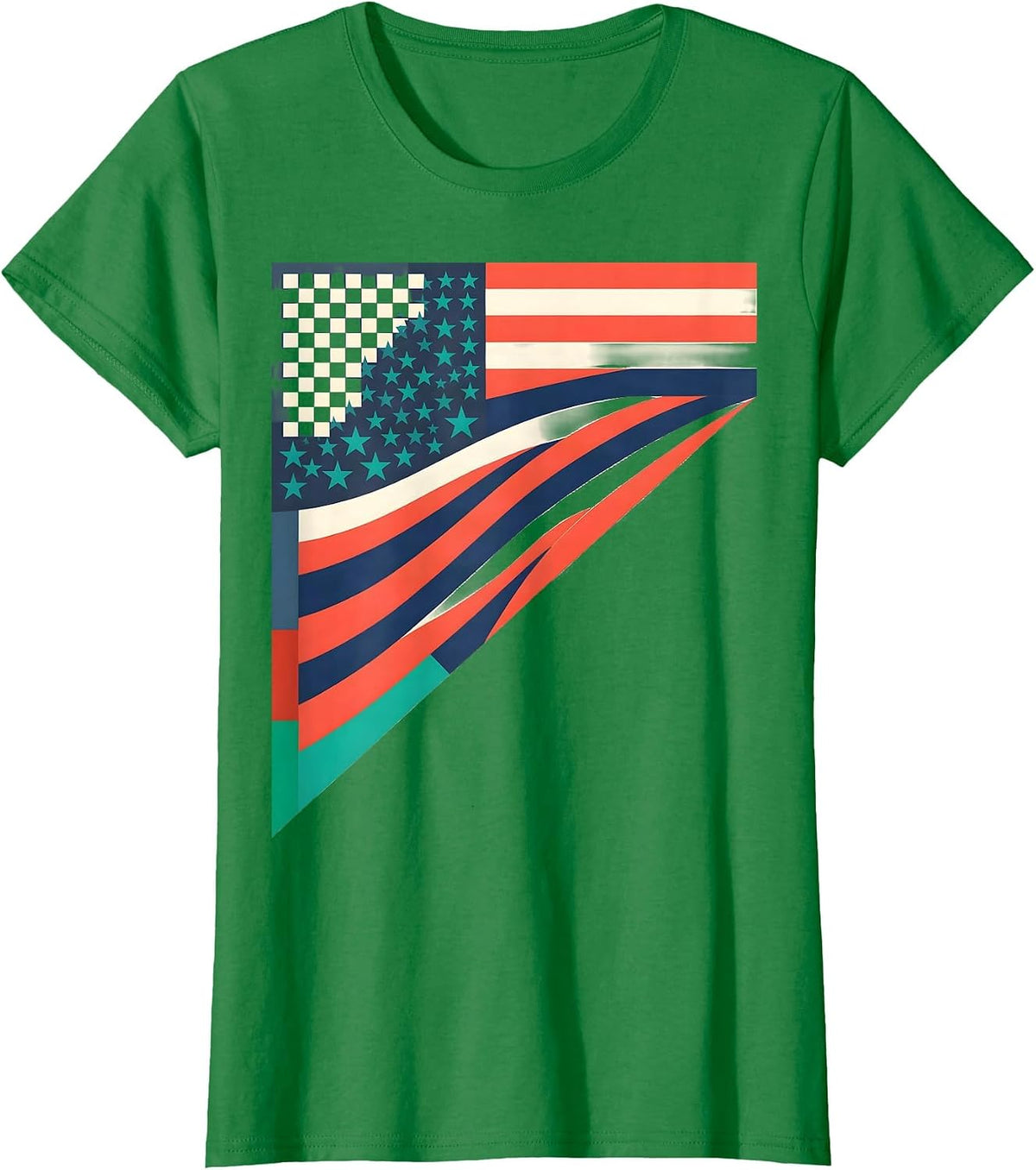 Women's Race Checkered Flag Drag Strip Patriotic Enthusiast T-Shirt - Kelly Green