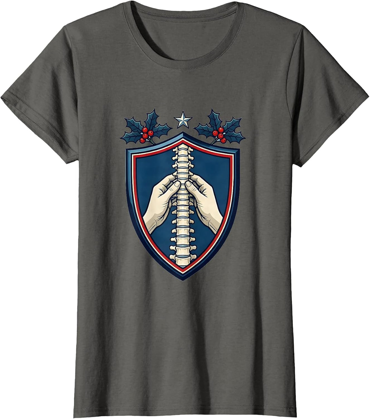 Women's Shield Spine Alignment Chiropractor Christmas Humor T-Shirt - Asphalt Grey