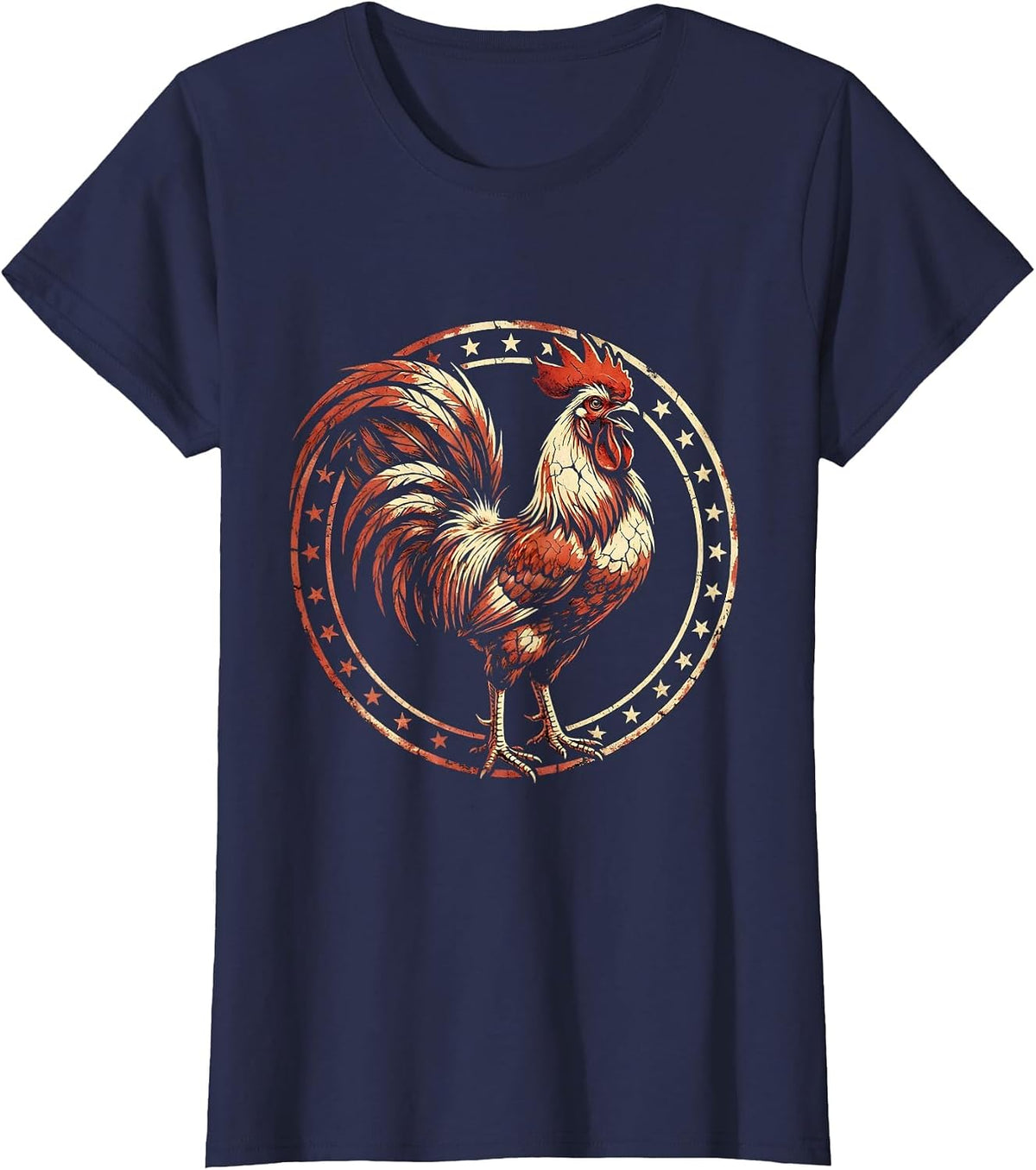 Women's Rooster Crowing at Farm Sunrise Illustration T-Shirt - Navy Blue