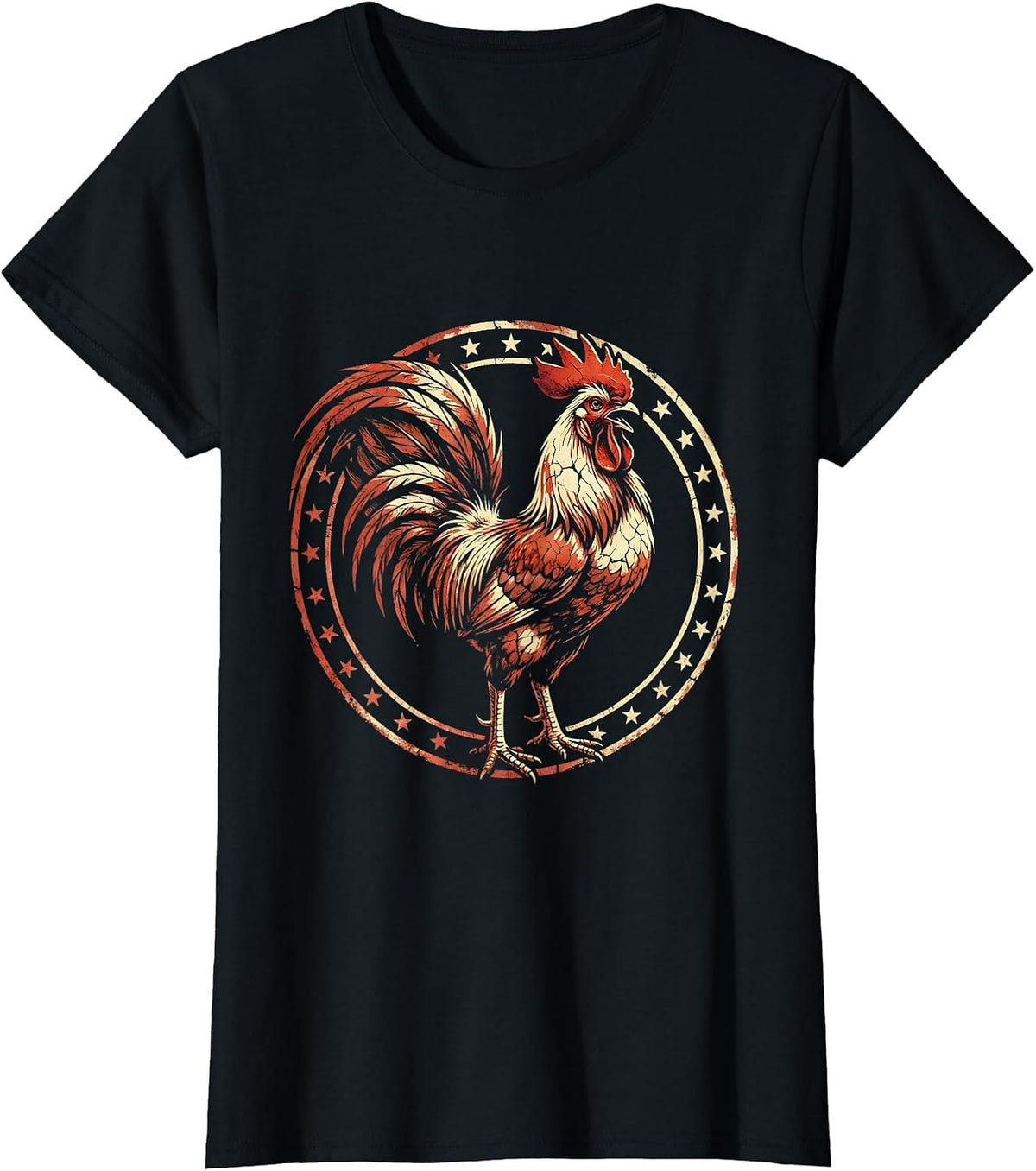 Women's Rooster Crowing at Farm Sunrise Illustration T-Shirt - Black