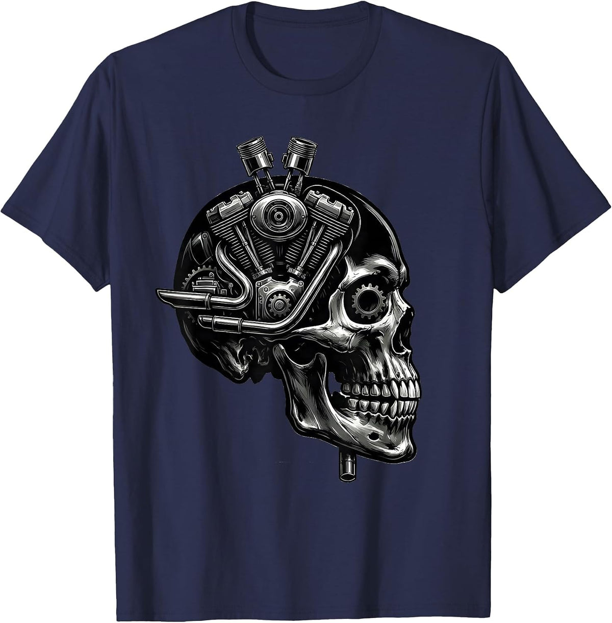 Skull Fused Vintage Motorcycle Engine Graphic T-Shirt - Navy Blue