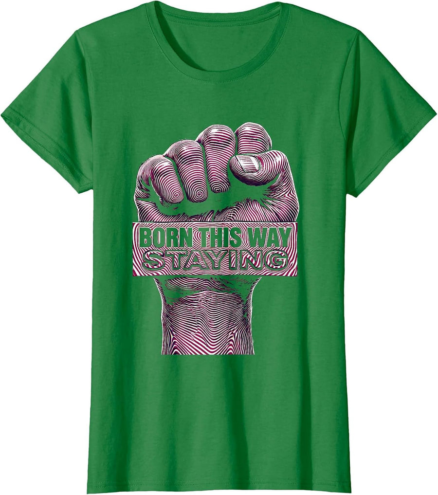 Women's Born This Way Staying Pride Flag Design T-Shirt - Kelly Green