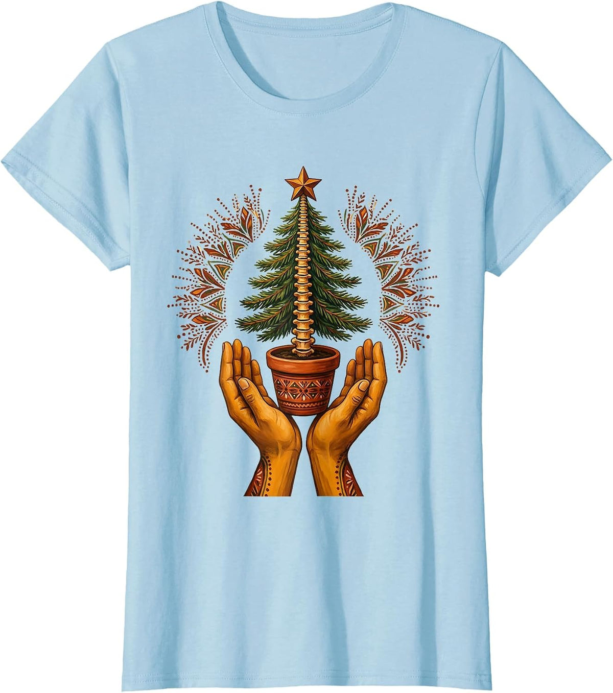 Women's Symmetrical Hands Offering Evergreen Folk Art Chiropractor T-Shirt - Baby Blue