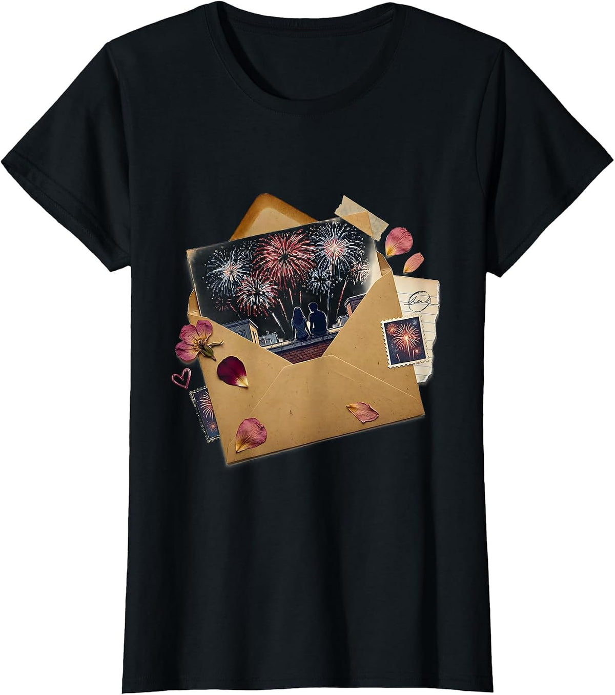 Rooftop Fireworks Couple Night Sky Illustration T-Shirt - Black