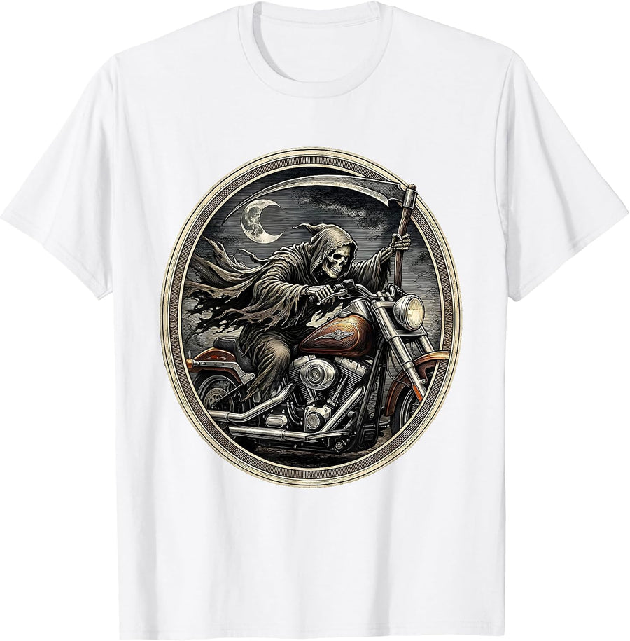 Men's Grim Reaper Motorcycle Night Rider Halloween T-Shirt - White