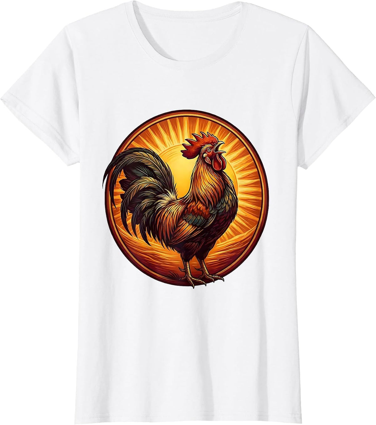 Women's Rooster Crowing at Sunrise Graphic Design T-Shirt - White