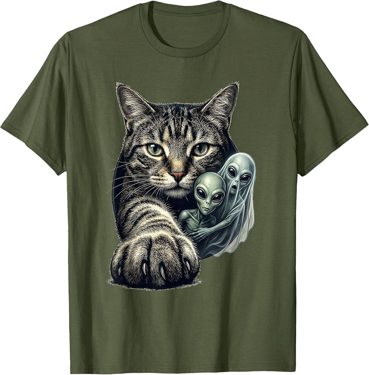 Oversized Cat Selfie Paranormal Alien Ghost Funny Cat Lover T-Shirt - Olive Green