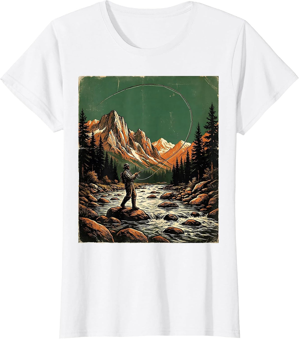 Fly Fisherman Casting in Mountain Stream T-Shirt - White