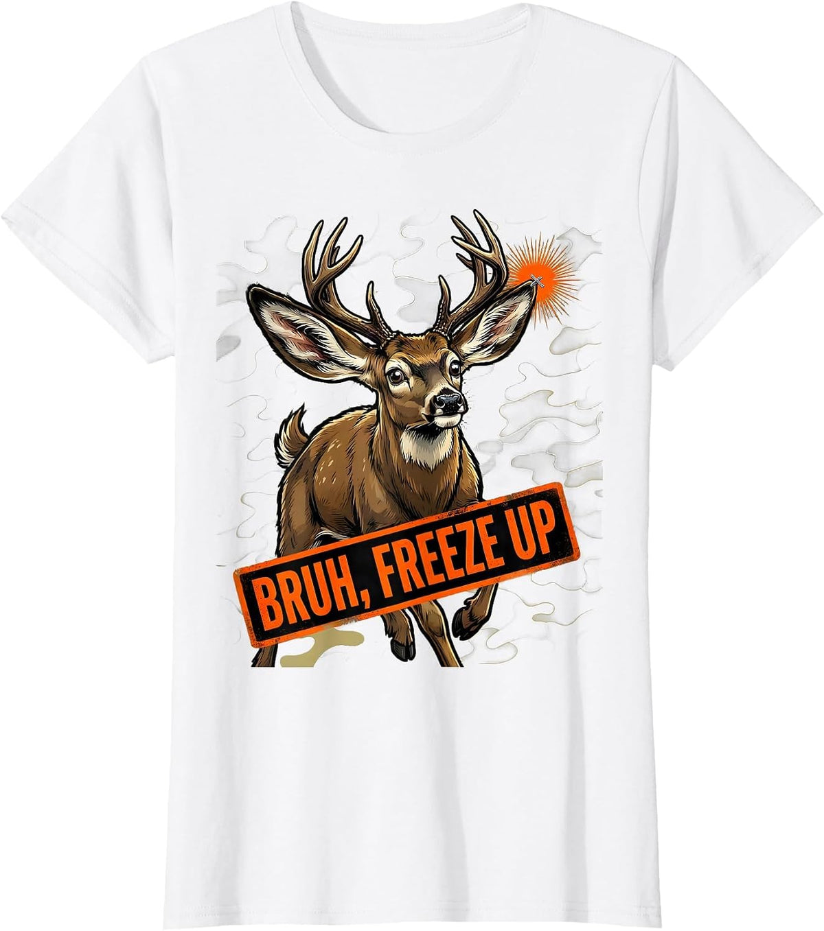 Bruh, Freeze Up Cartoon Deer Hunting Camo Youth Humor T-Shirt - White