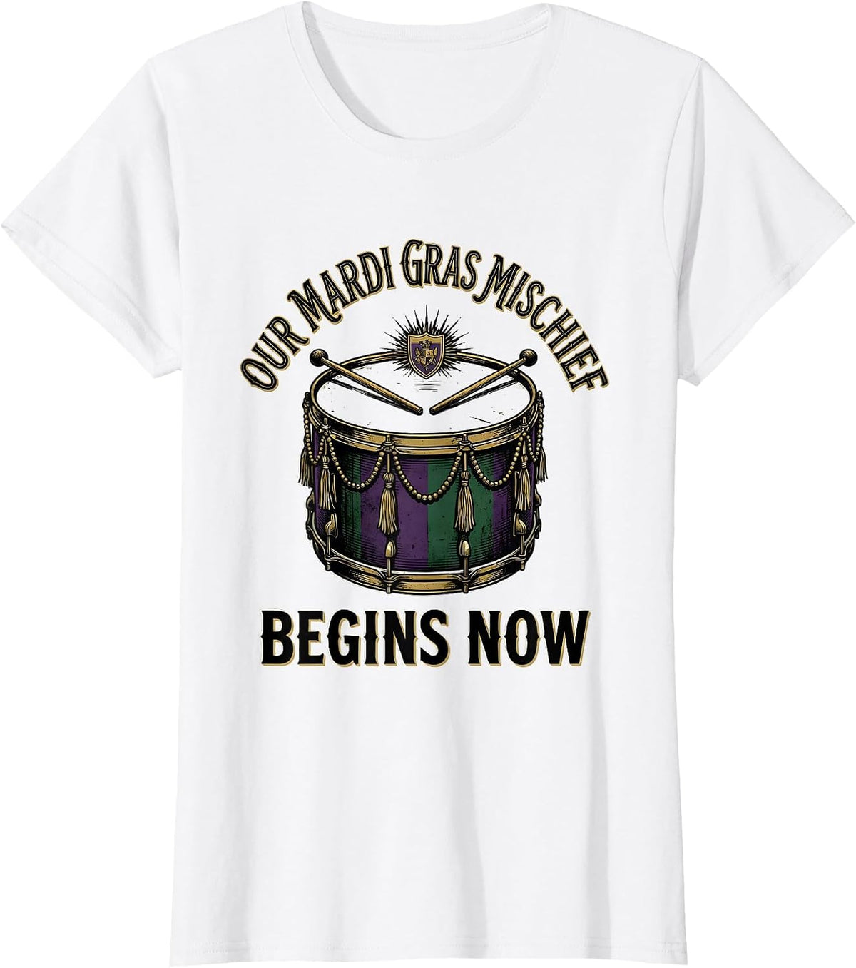 Women's Our Mardi Gras Mischief Begins Now Vintage Carnival Party T-Shirt - White