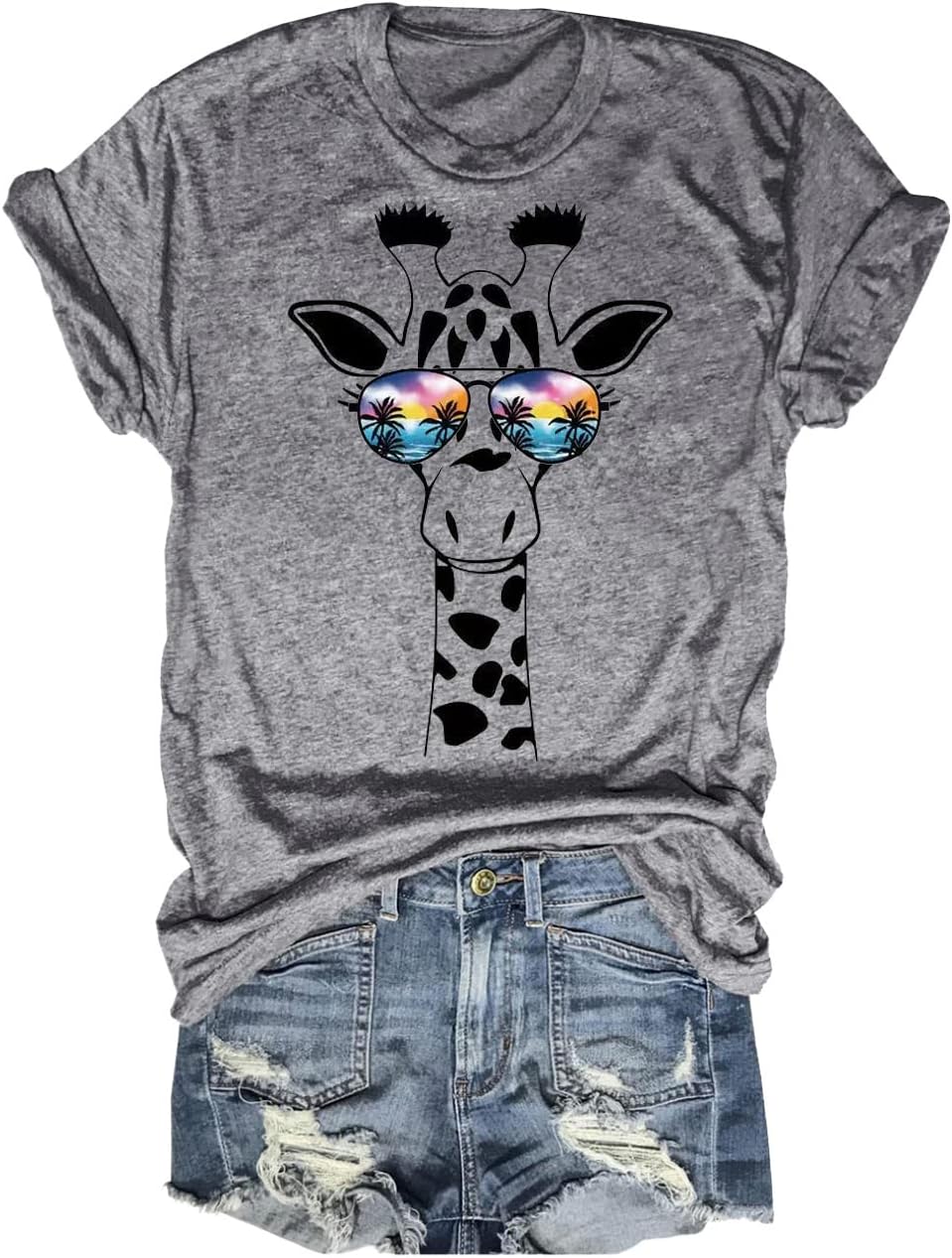 Beopjesk Womens Summer Giraffe Printed T-Shirt Funny Cute Animal Graphic Tees Tops - Gray
