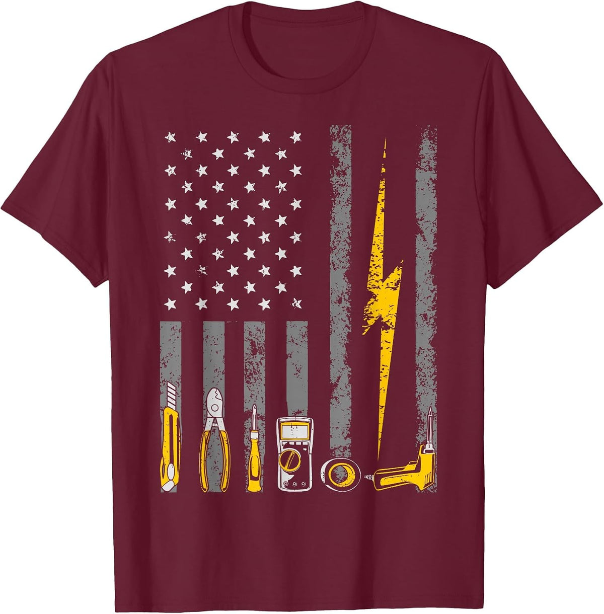 Electrician US Flag Tools Patriotic Job Wire Strippers T-Shirt - Burgundy