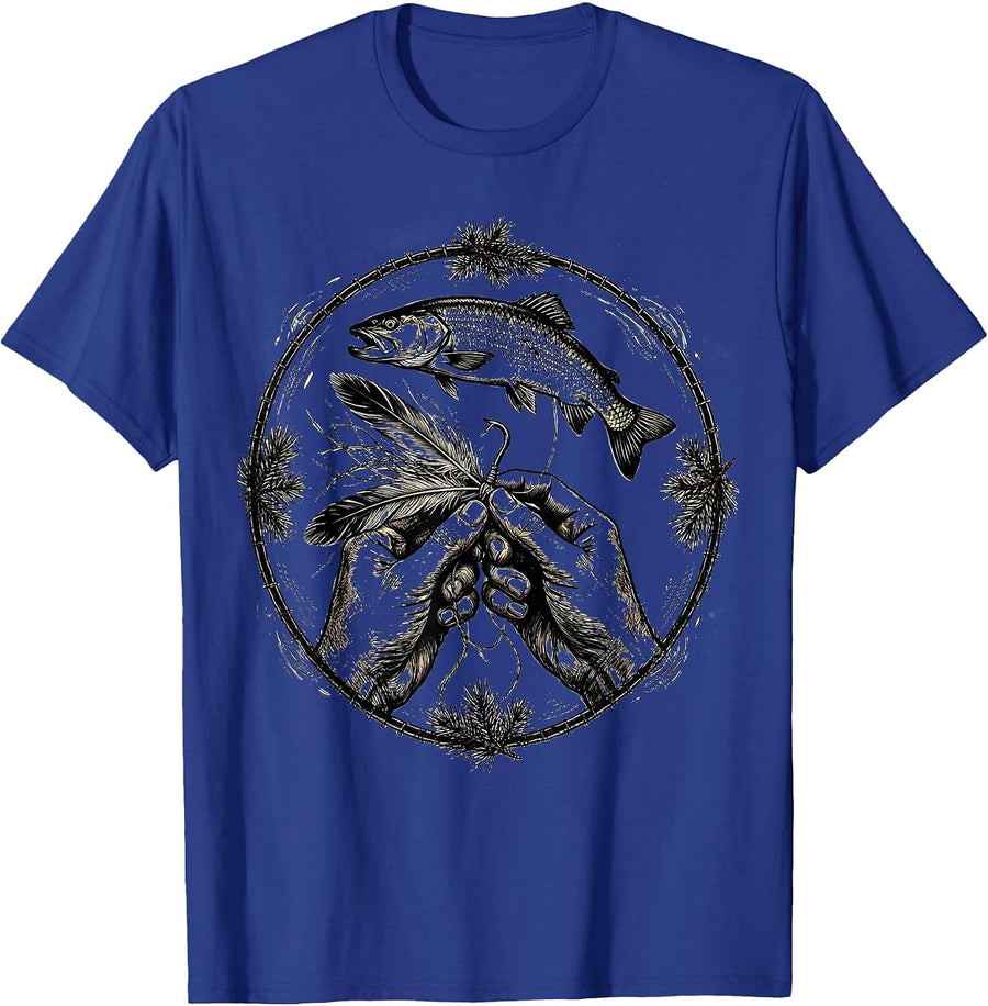 Fly Tying Weathered Hands Trout Fishing Illustration T-Shirt - Royal Blue