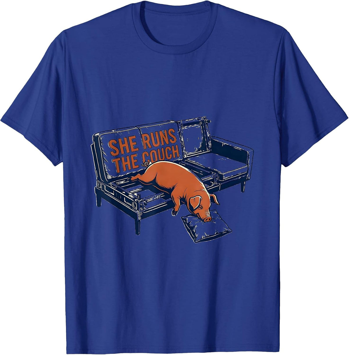 Men's She Runs The Couch Funny Pig Lover Farm Animal Humor T-Shirt - Royal Blue