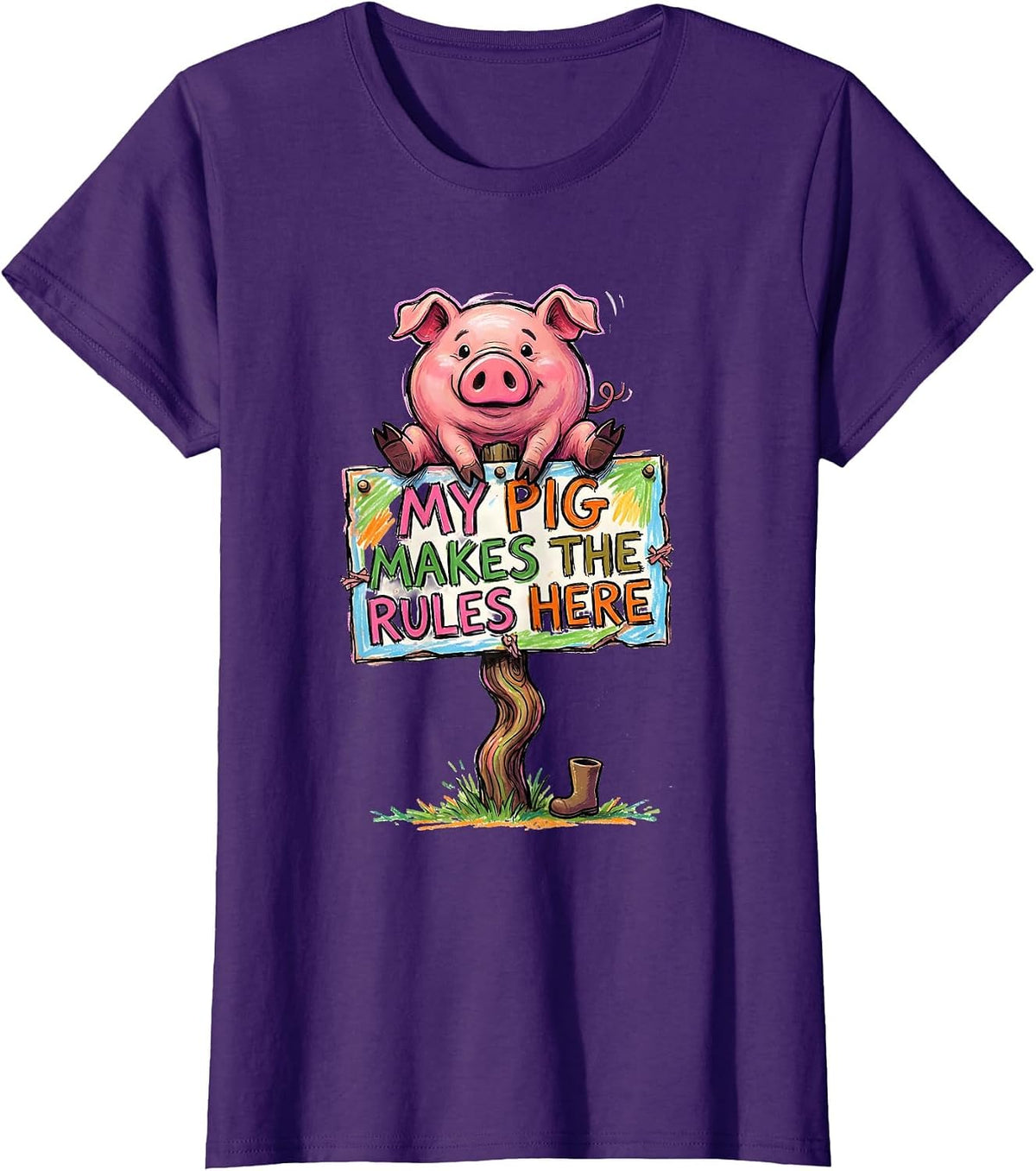 Women's My Pig Makes The Rules Here Funny Pig Lover Farm Animal T-Shirt - Purple