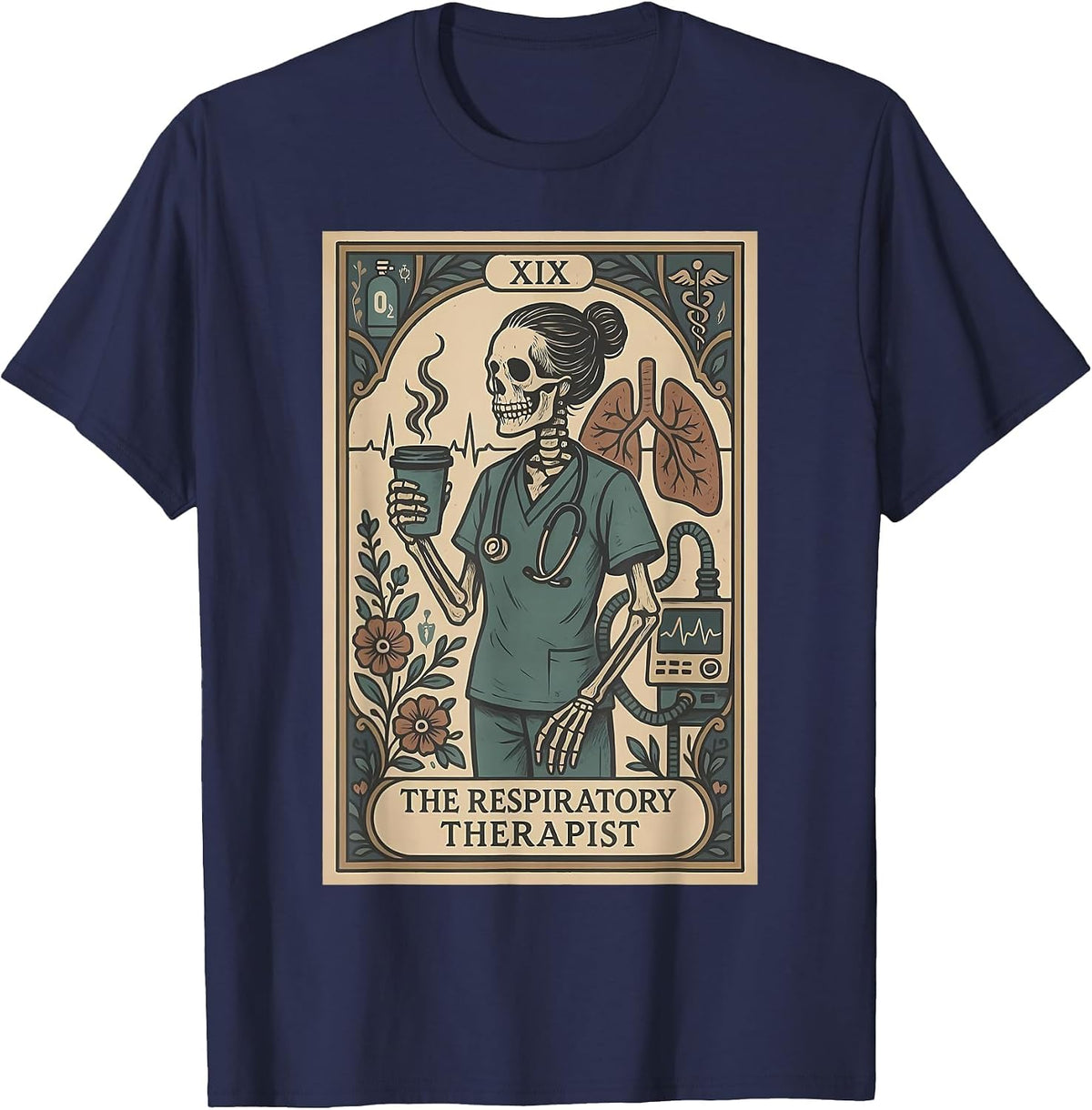 Respiratory Therapist Skeleton Tarot Card Pulmonologist RT T-Shirt - Navy Blue
