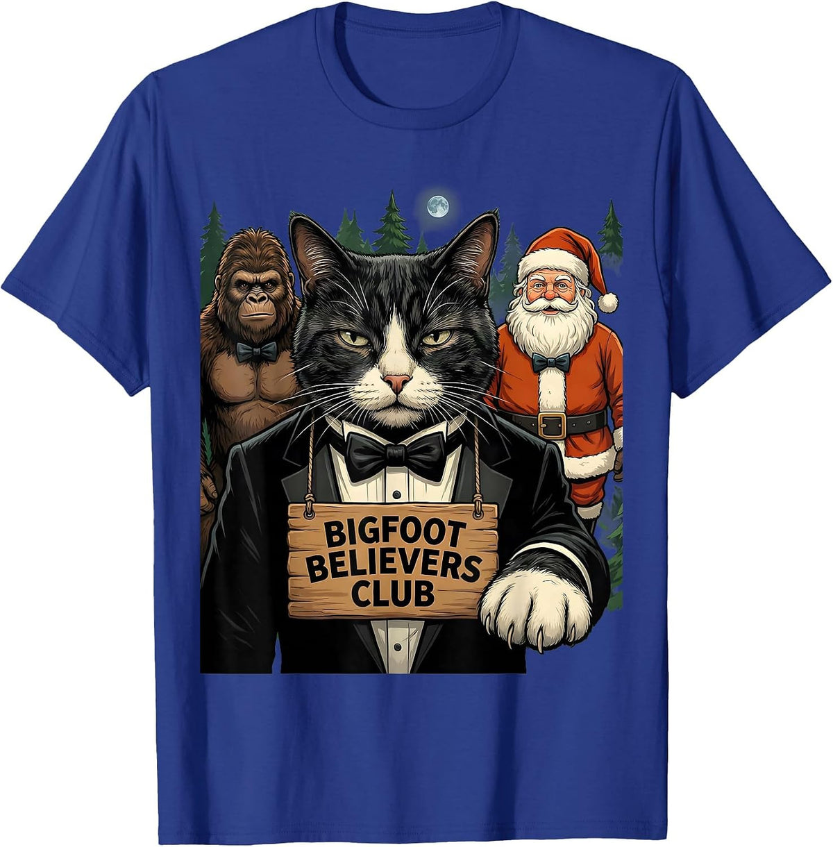 Bigfoot Believers Club Funny Cat Selfie Christmas Sasquatch T-Shirt - Royal Blue