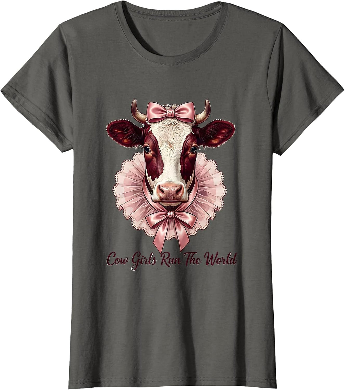 Women's Cow Girls Run The World Cattle Ranch Design T-Shirt - Asphalt Grey