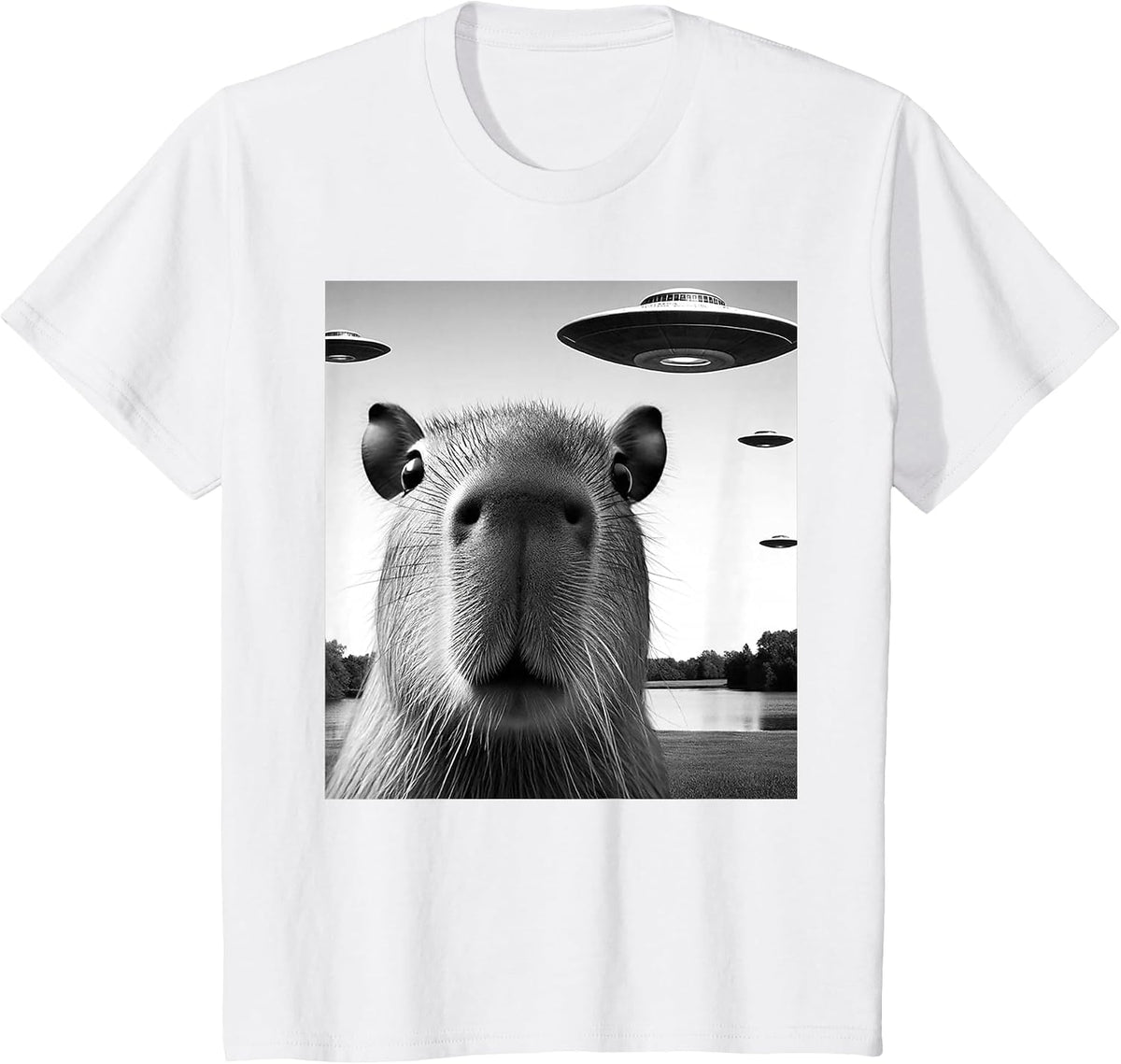 Funny Capybara Selfie with UFOs Weird Graphic T-Shirt - White
