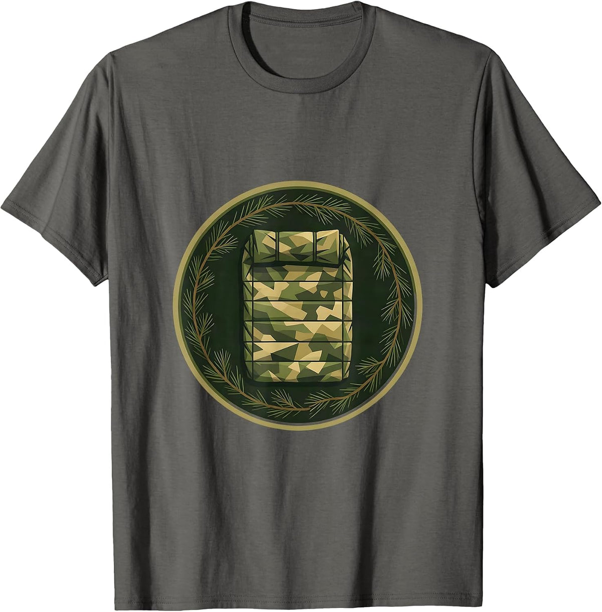 Camo Sleeping Bag on Pine Needles Illustration T-Shirt - Asphalt Grey
