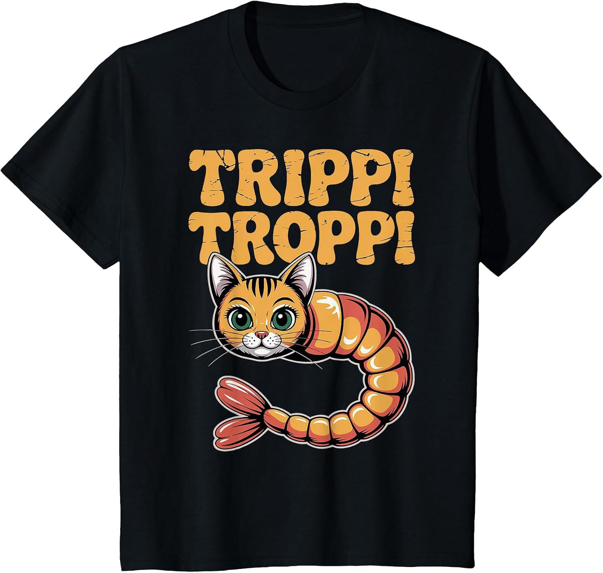 Trippi Troppi Shrimp Cat Italian Brainrot Retro 70s Meme T-Shirt - Black