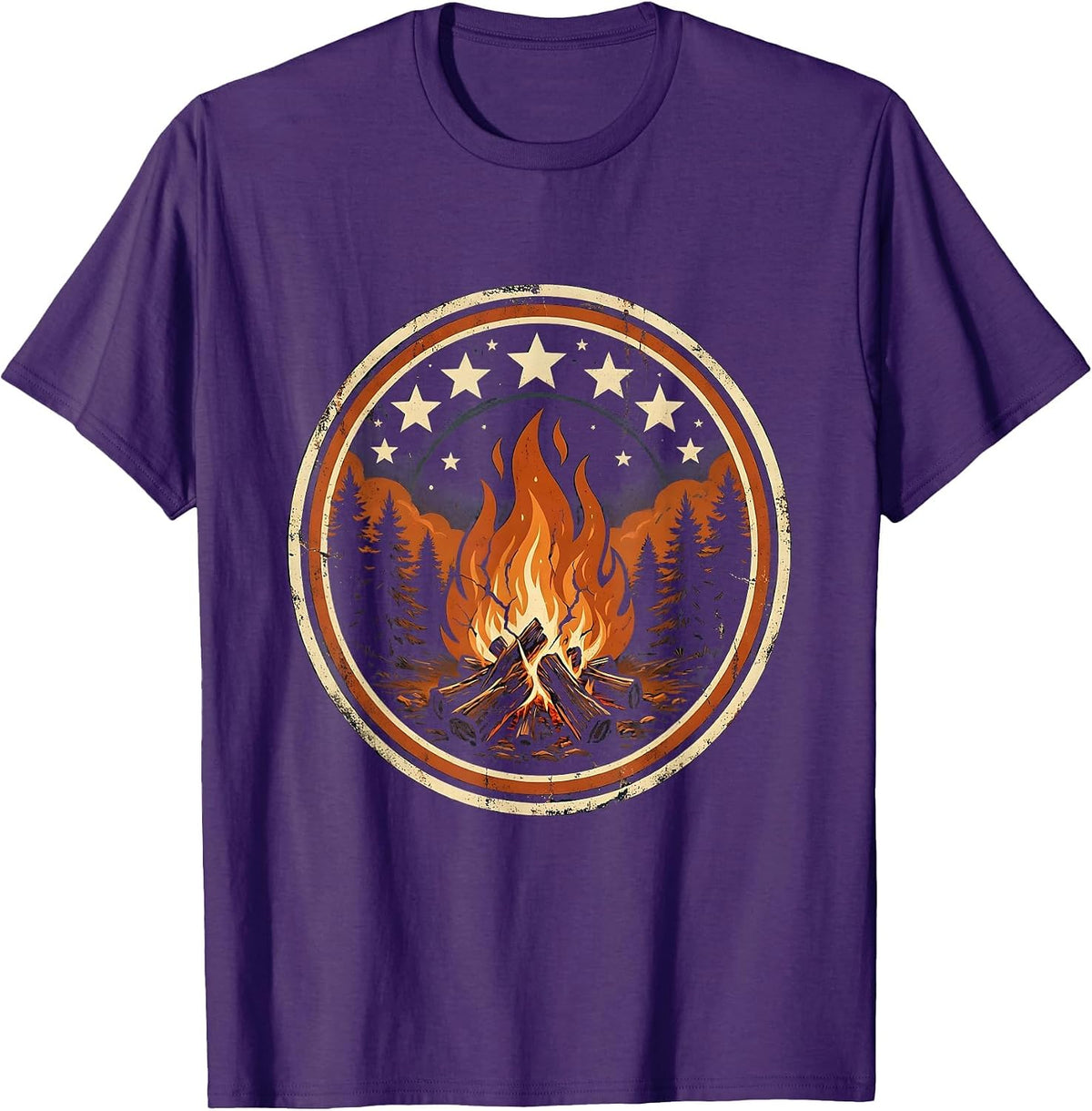 Campfire Under a Starry Night Sky Illustration T-Shirt - Purple