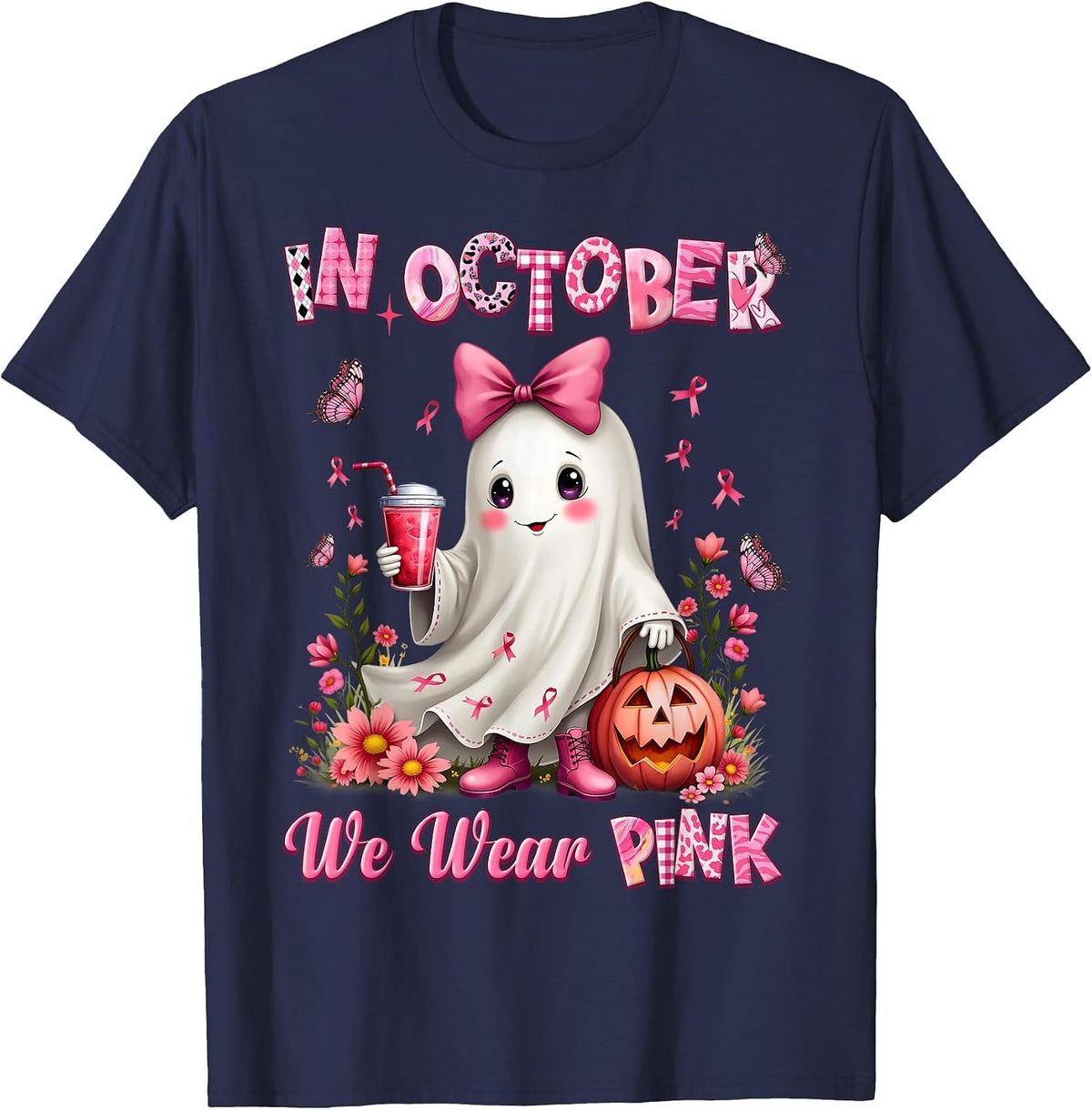 in October We Wear Pink Ghost Breast Cancer Awareness T-Shirt - Navy Blue
