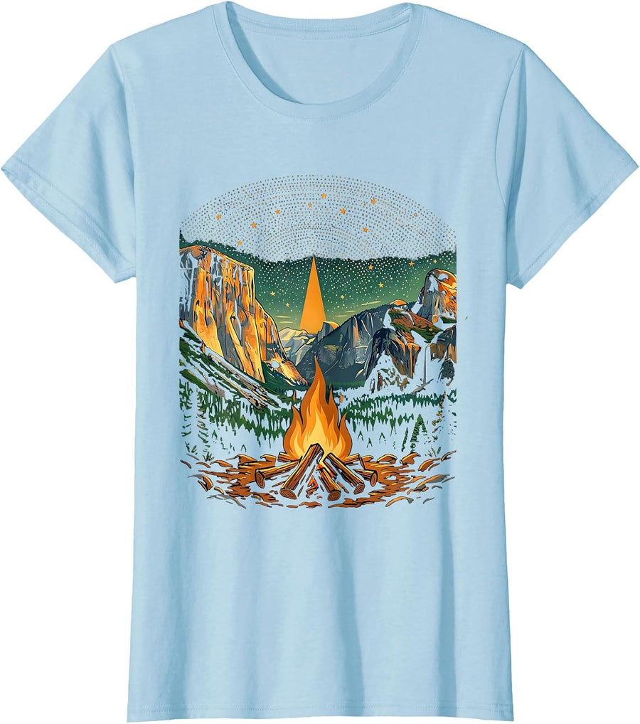 Women's Yosemite Campfire Starry Night Sky Illustration T-Shirt - Baby Blue