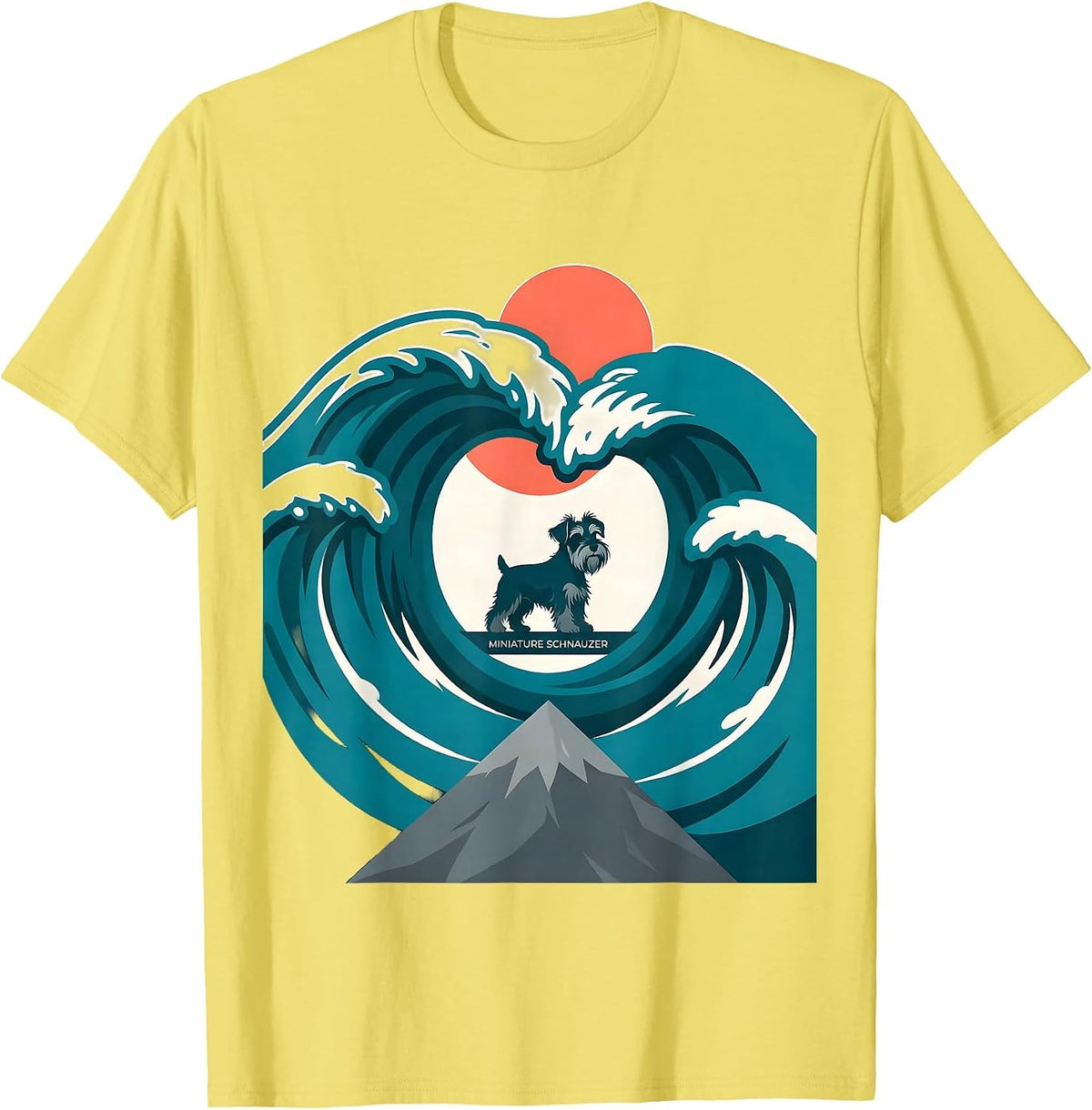 Men's Miniature Schnauzer Flat Vector Surfing Japanese Kanagawa T-Shirt - Lemon Yellow
