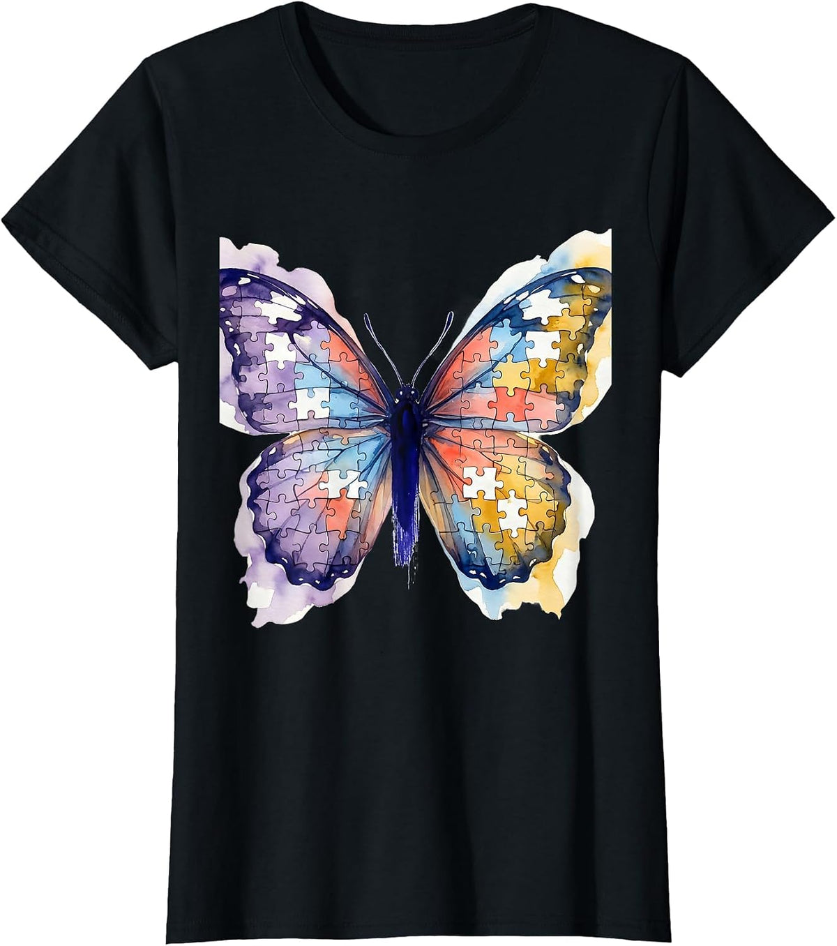 Colorful Puzzle Piece Butterfly Autism Awareness T-Shirt - Black