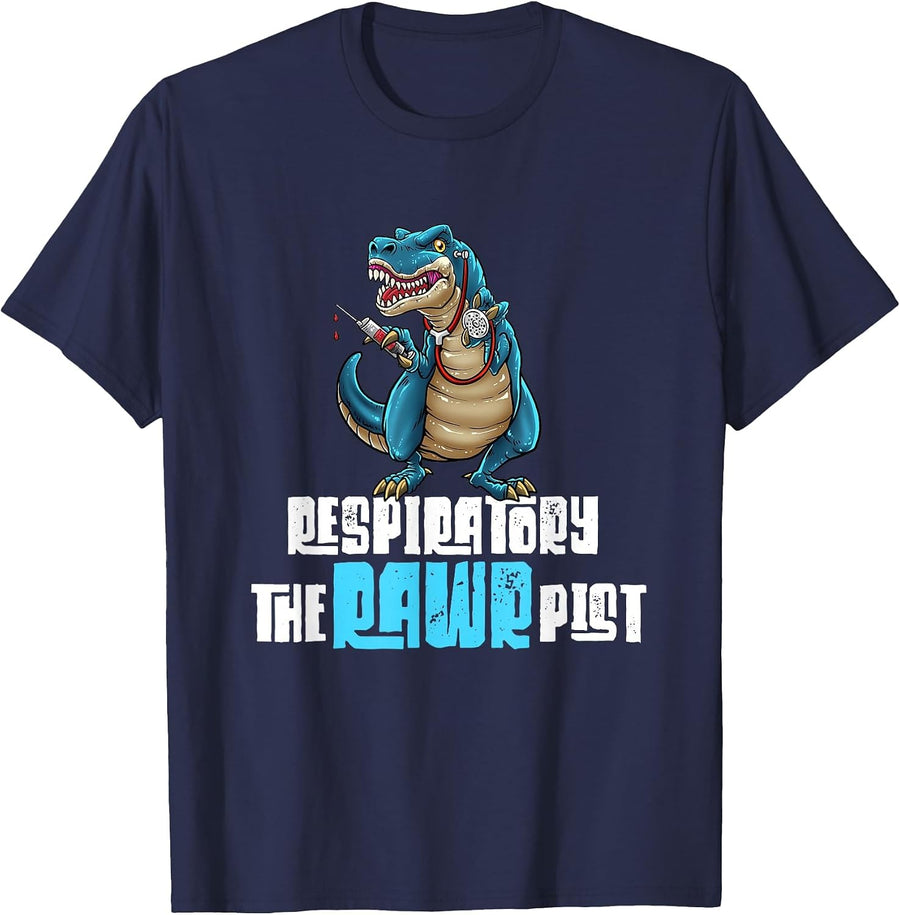Respiratory Therapist Funny Dinosaur TheRAWRpist Therapy T-Shirt - Navy Blue