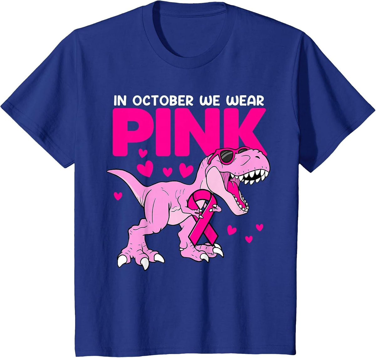 in October We Wear Pink Cute Dinosaur Breast Cancer Boys T-Shirt - Royal Blue