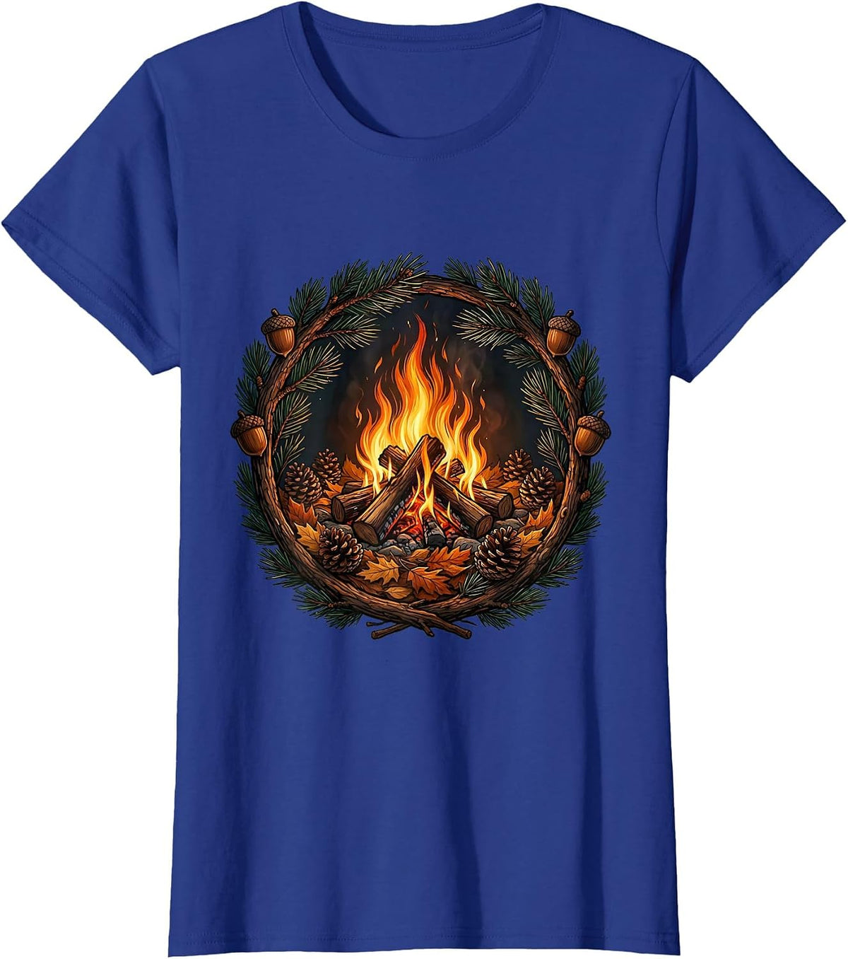 Women's Fall Campfire Pine Cone Autumn Nature Illustration T-Shirt - Royal Blue