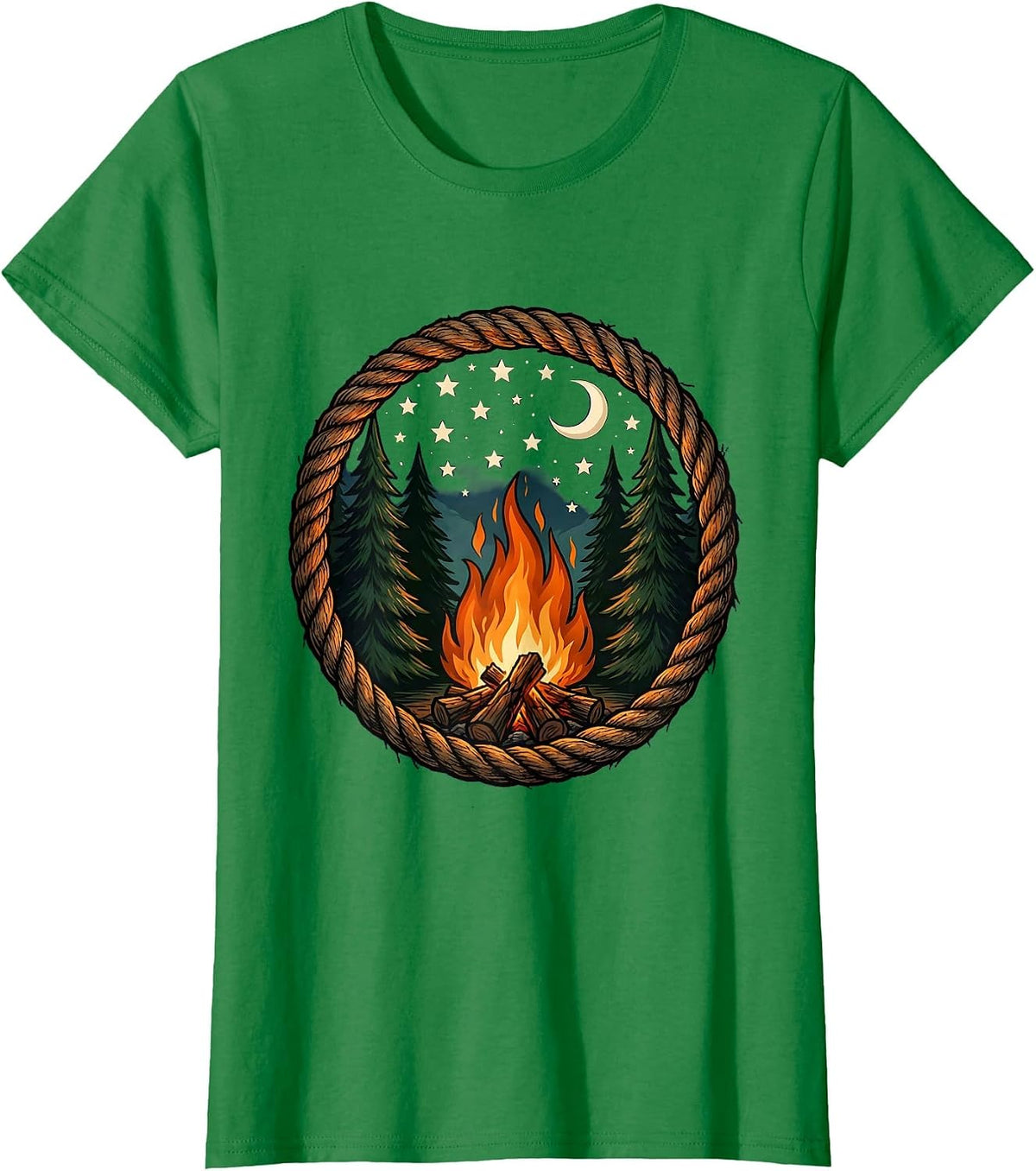 Women's Campfire Under a Starry Night Sky Illustration T-Shirt - Kelly Green