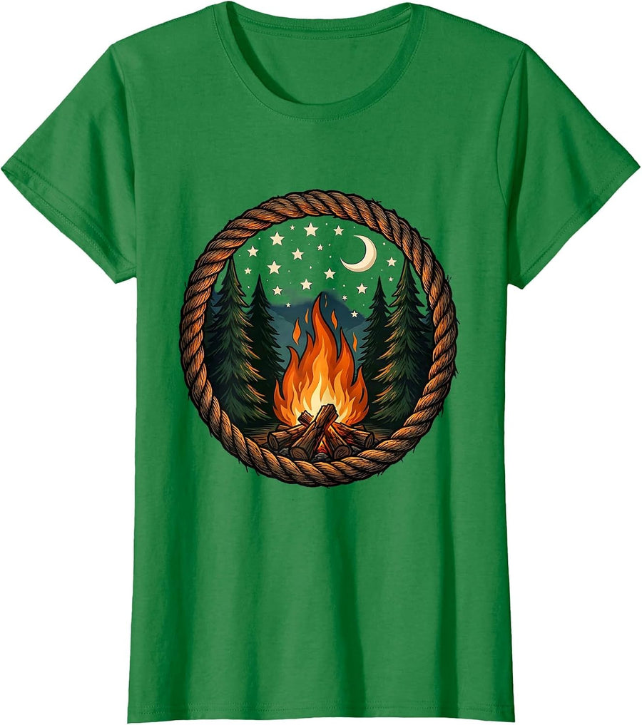 Women's Campfire Under a Starry Night Sky Illustration T-Shirt - Kelly Green