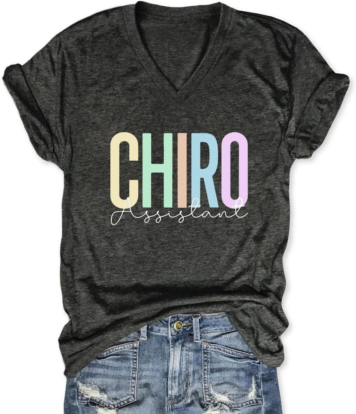 Womens Chiropractic Assistant Tops Short Sleeve V Neck Basic Tees Chiropractor T Shirts Physical Therapy Clothes - Grey
