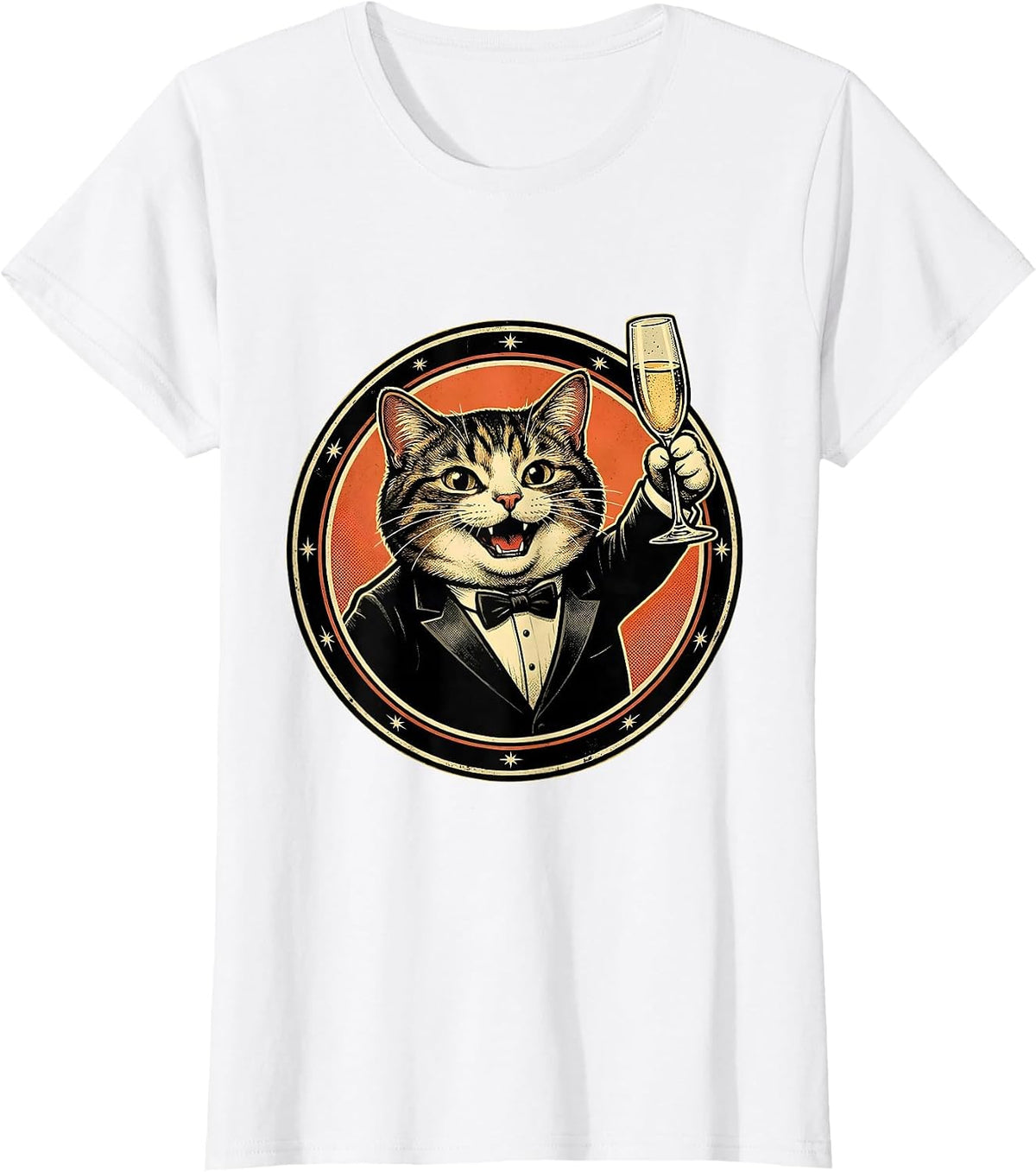 Women's Fancy Cat in Tuxedo with Champagne Glass T-Shirt - White