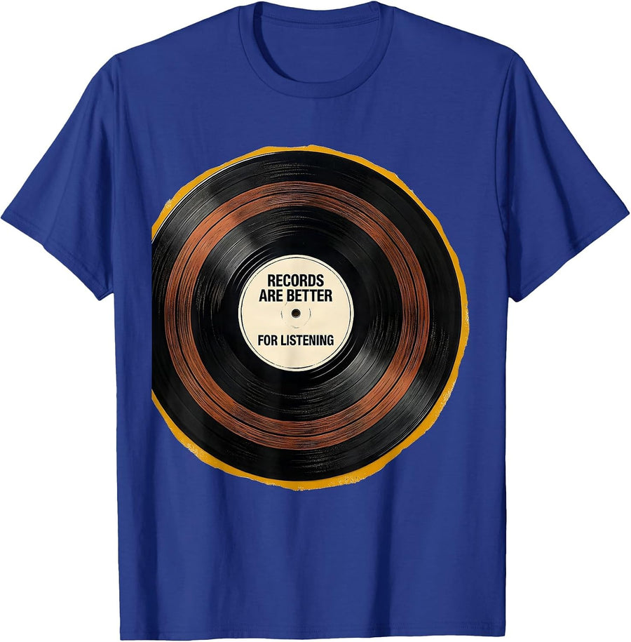 Records Are Better For Listening Linocut Vinyl Collector DJ T-Shirt - Royal Blue